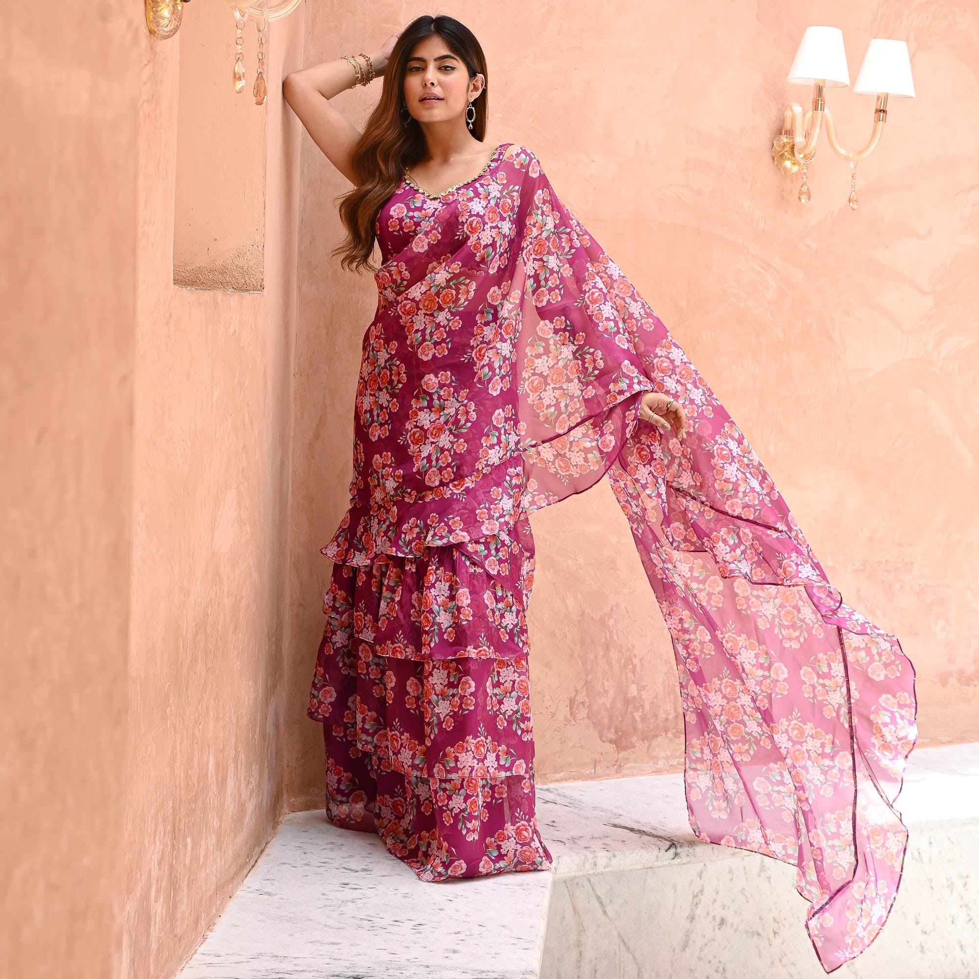 Sajni Dusty Pink Floral Designer Organza Drape Saree Online