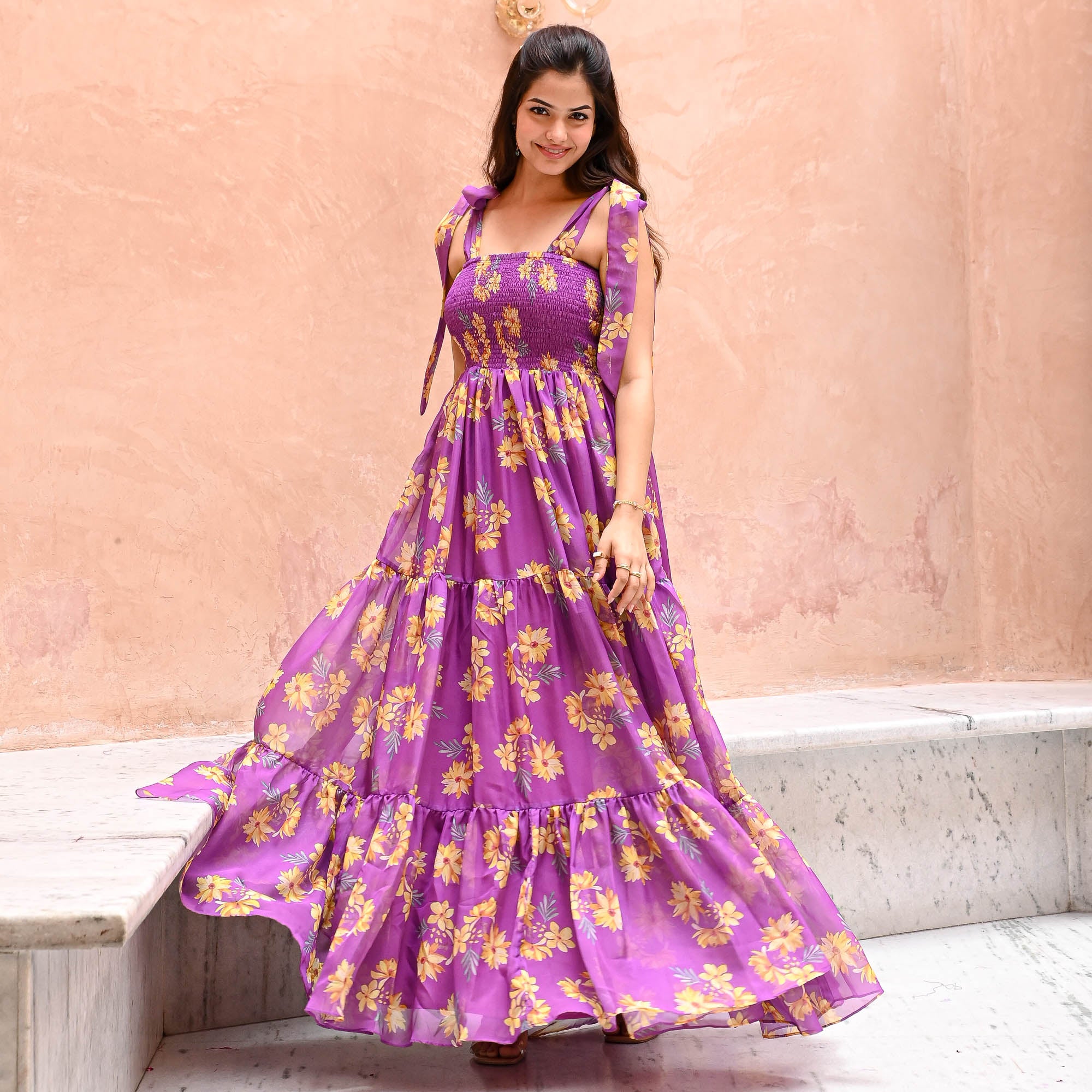 Bella Purple Designer Floral Organza Maxi Dress for Women Online