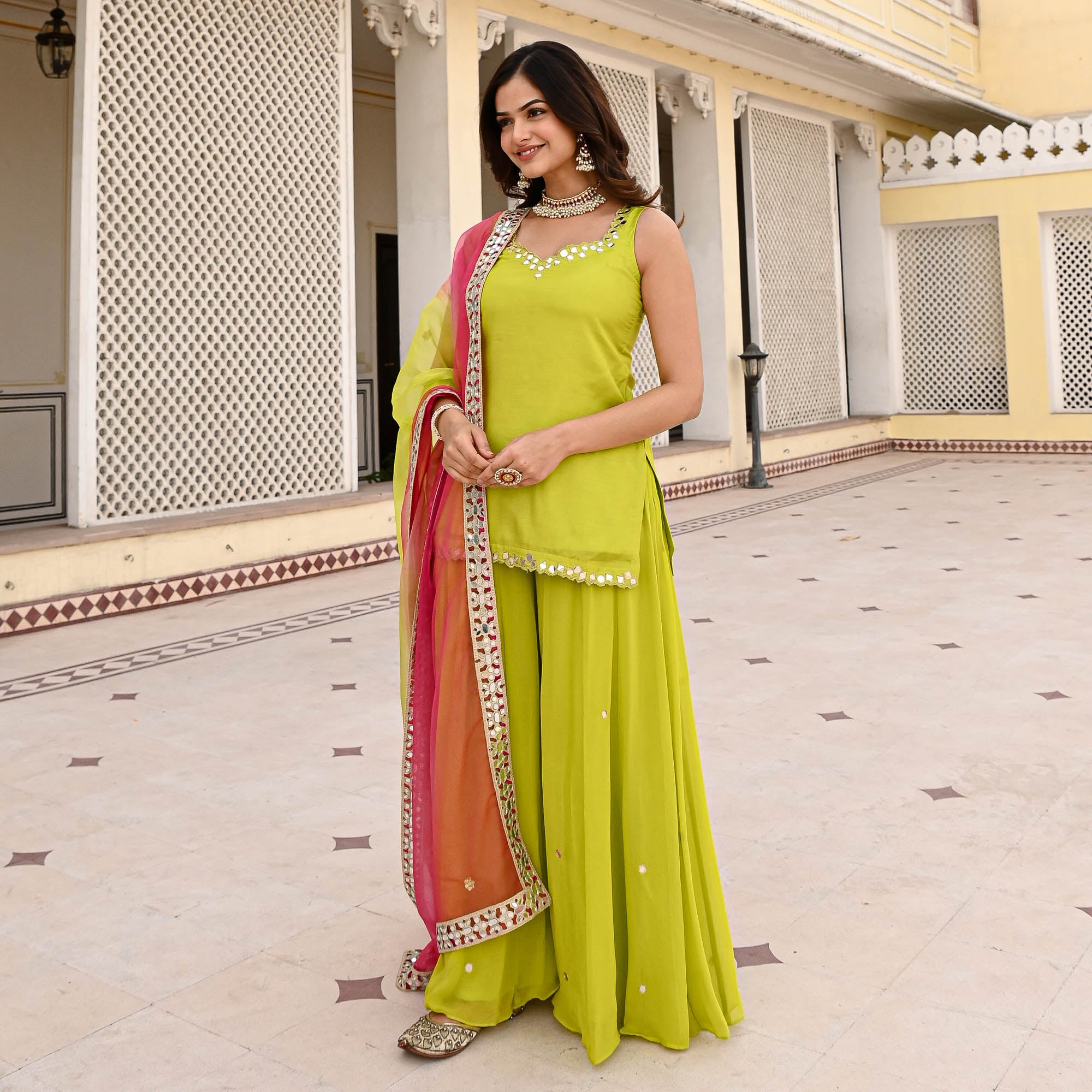 Lime Yellow Mirror Work Sharara Suit for Haldi
