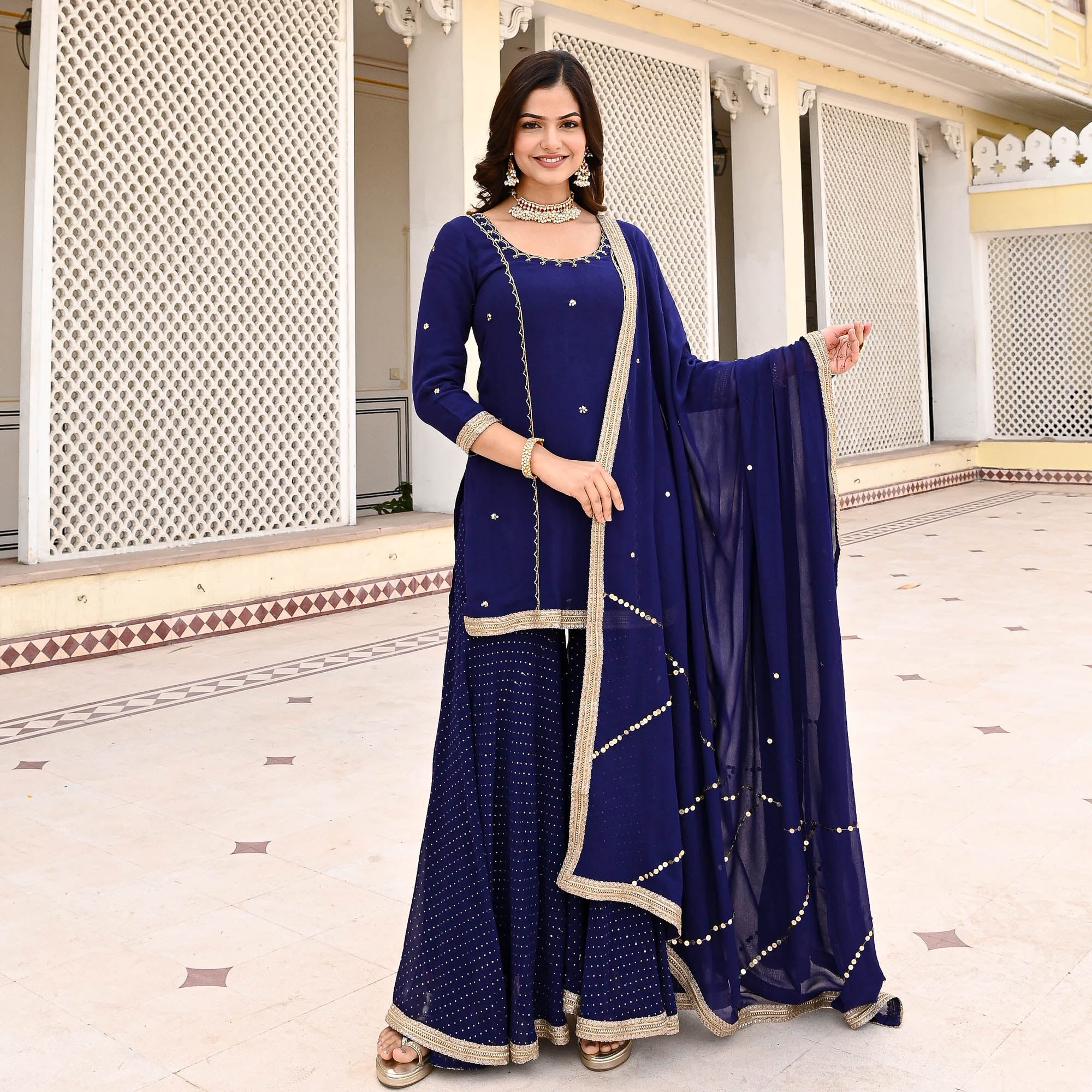 Dark Blue Sequin Work Sharara Suit Set for Women Online