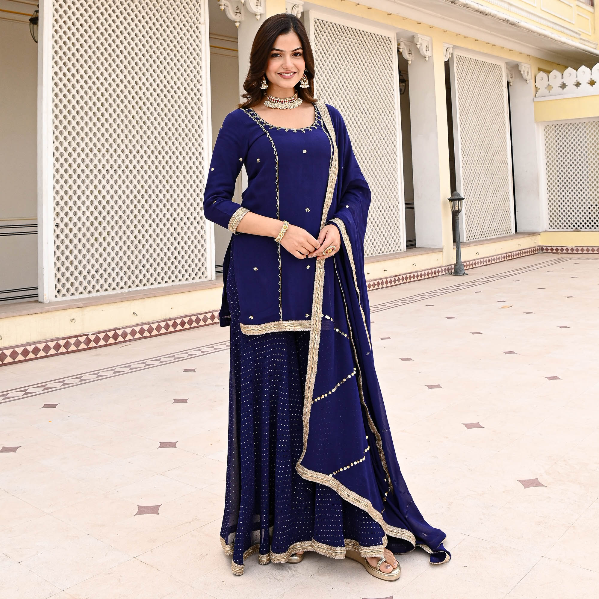 Dark Blue Sequin Work Sharara Suit Set for Women Online