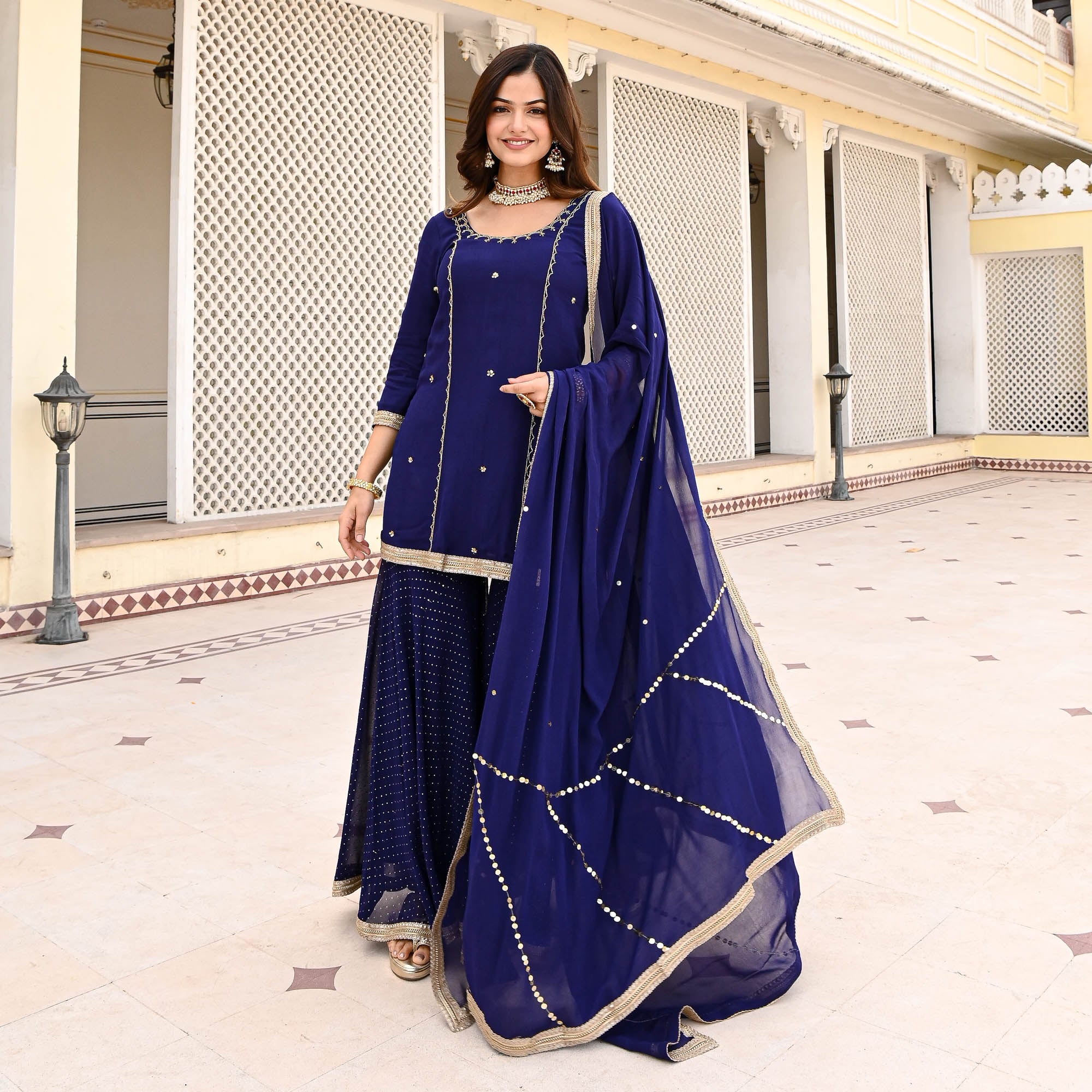 Dark Blue Sequin Work Sharara Suit Set for Women Online