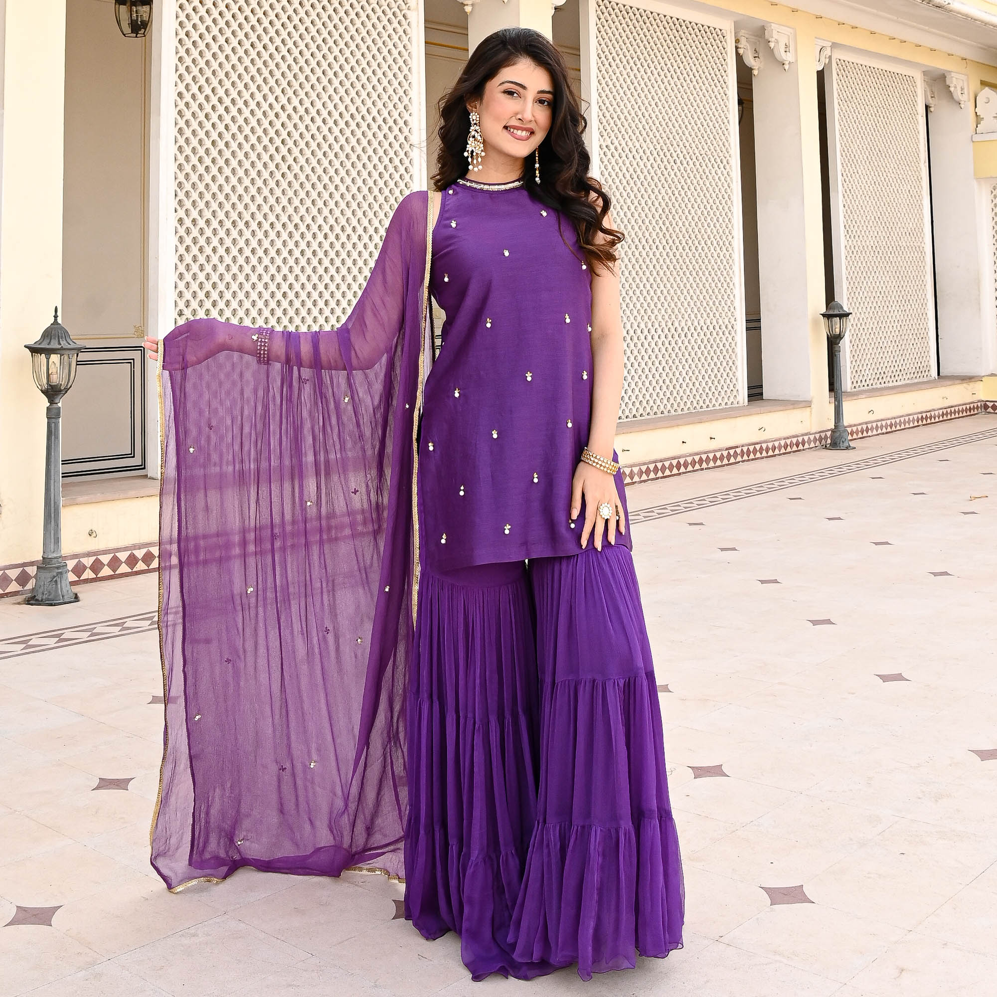 Purple Chiffon Sharara Suit Set for Women Online