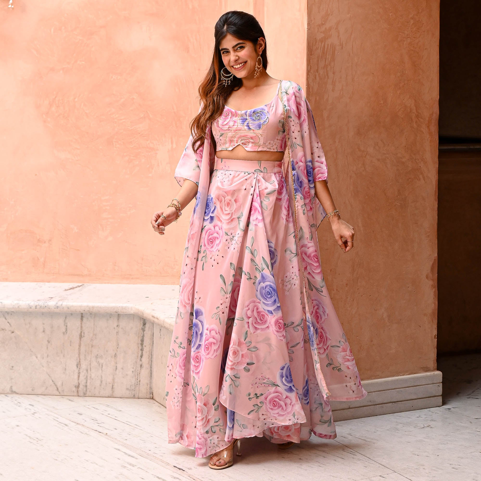 Titli Pink Floral Organza Dhoti Sleeveless Shrug Set Online