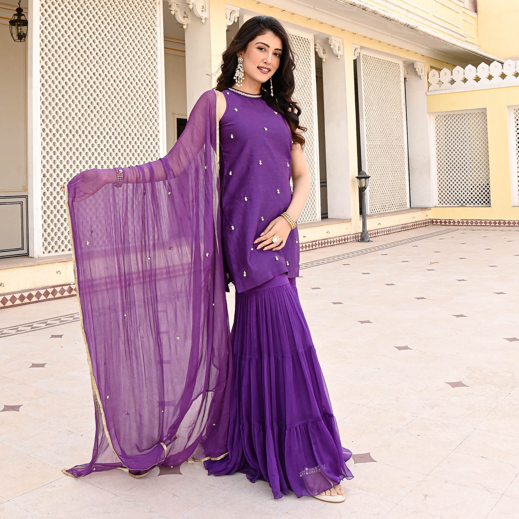 Purple Chiffon Sharara Suit Set for Women Online