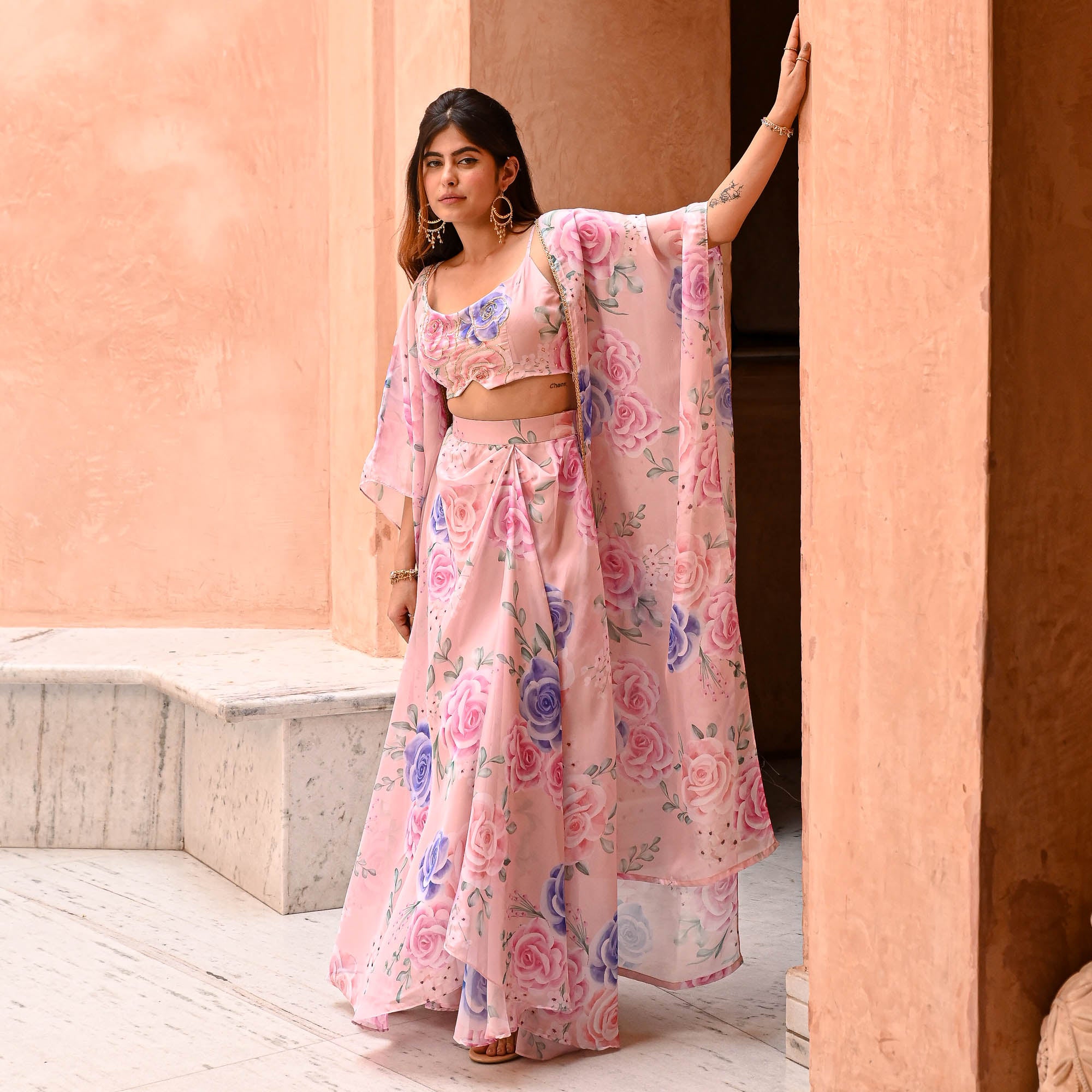 Titli Pink Floral Organza Dhoti Sleeveless Shrug Set Online