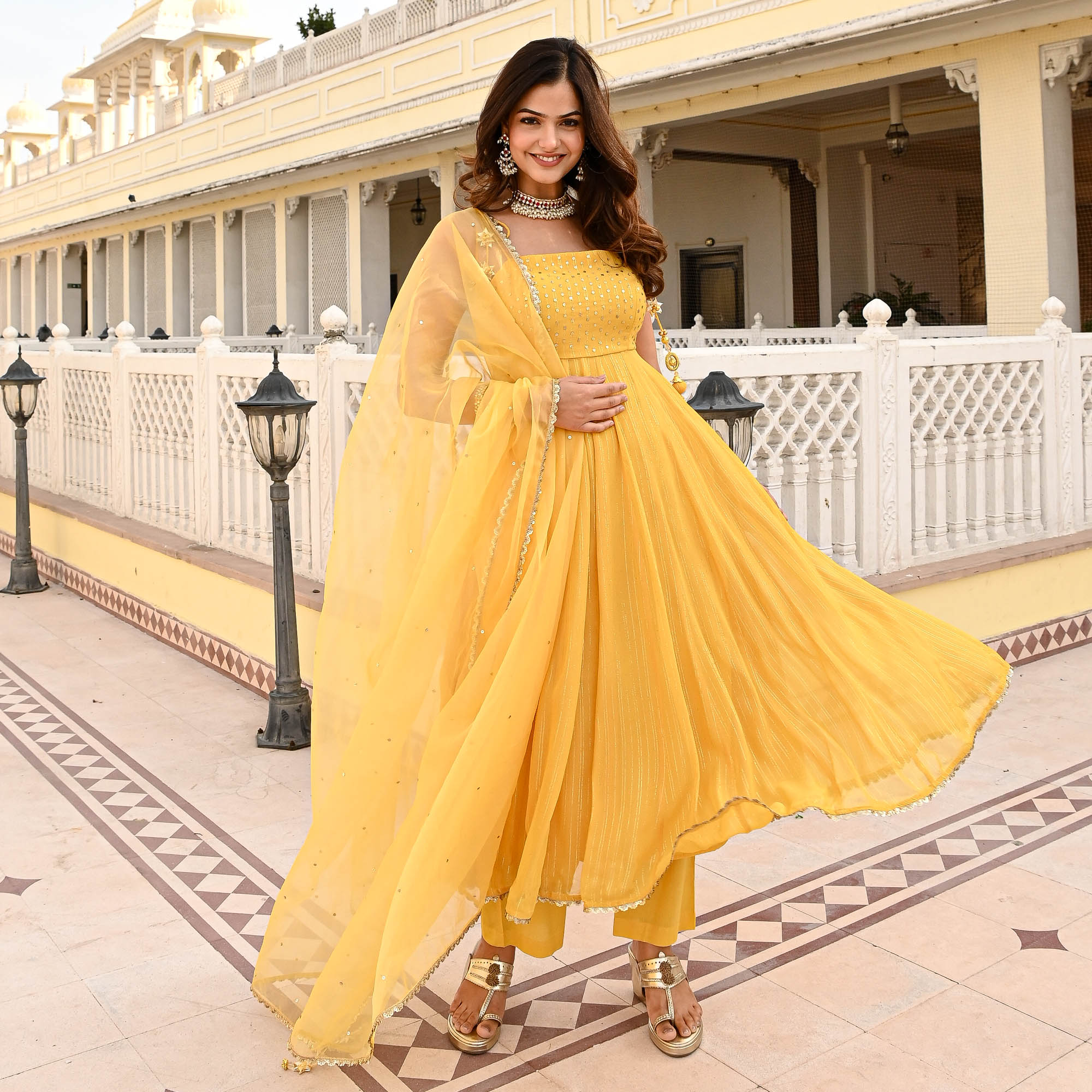Yellow Haldi Sequin Work Anarkali Suit for Women Online