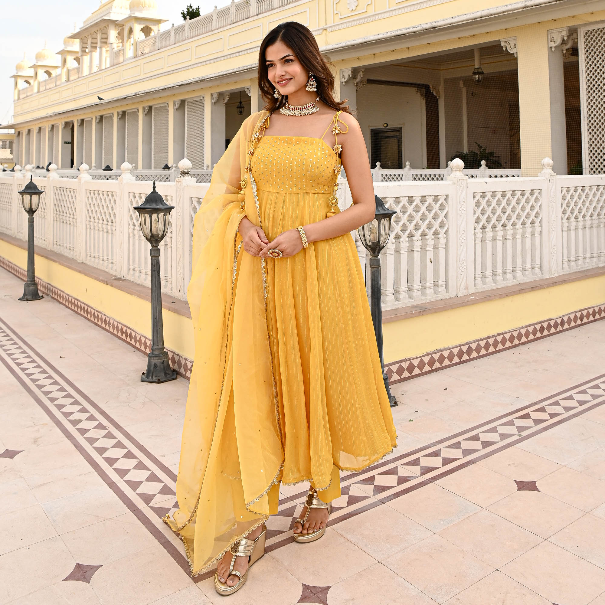 Yellow Haldi Sequin Work Lurex Anarkali Suit for Women Online