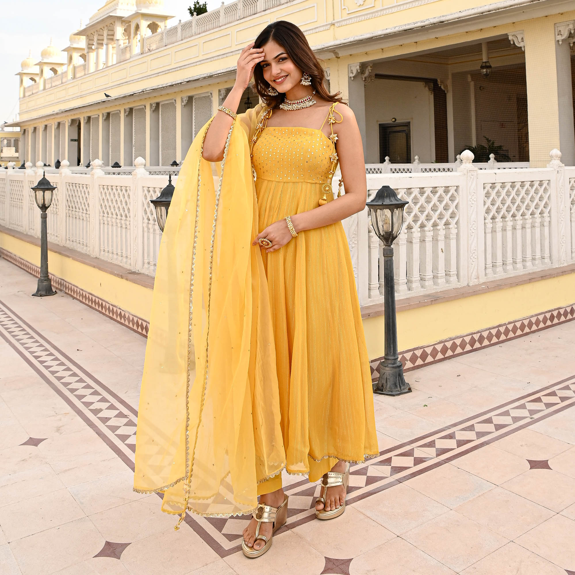 Yellow Haldi Sequin Work Lurex Anarkali Suit for Women Online