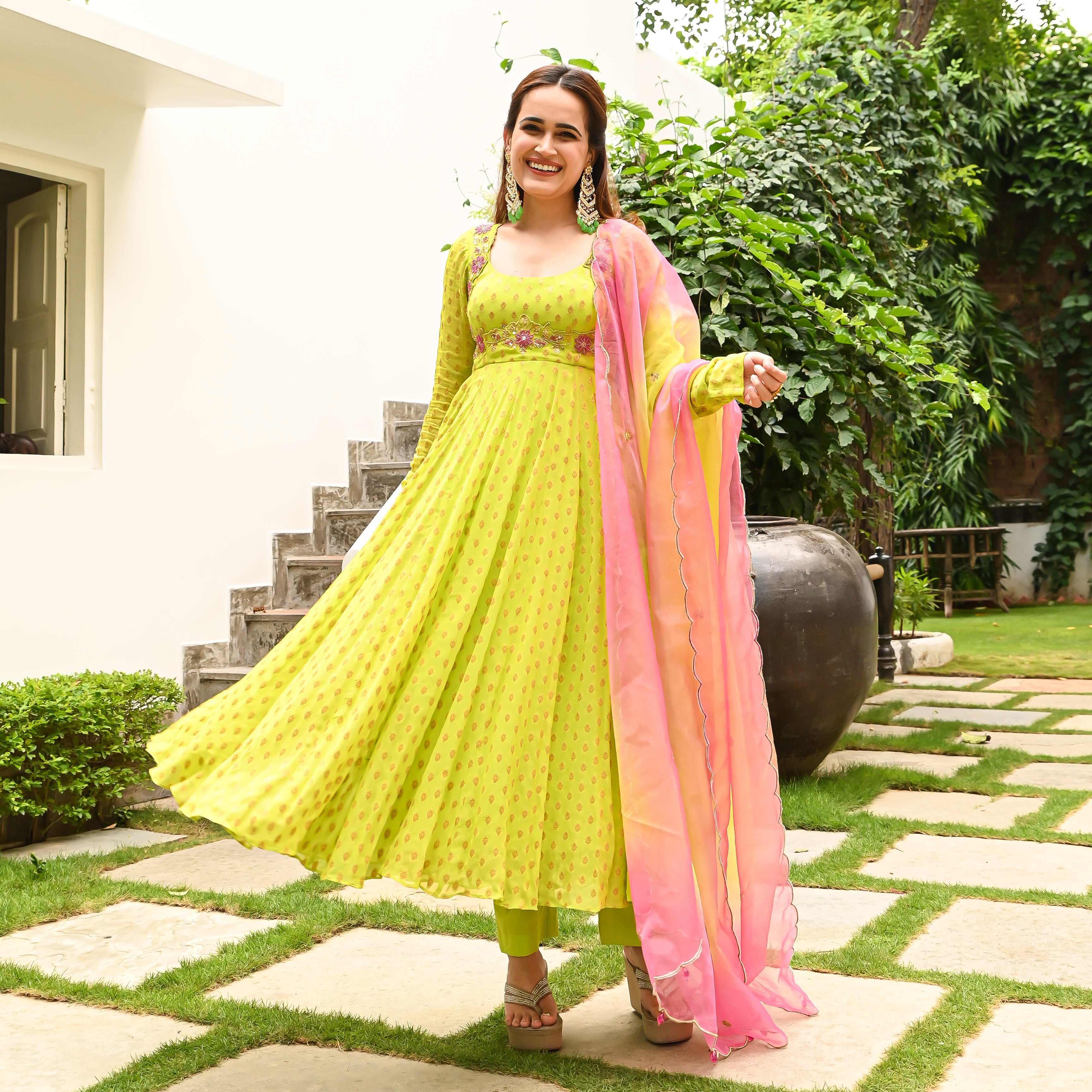 Diva Lime Yellow Jacquard Designer Full Sleeve Suit Set for Women Online