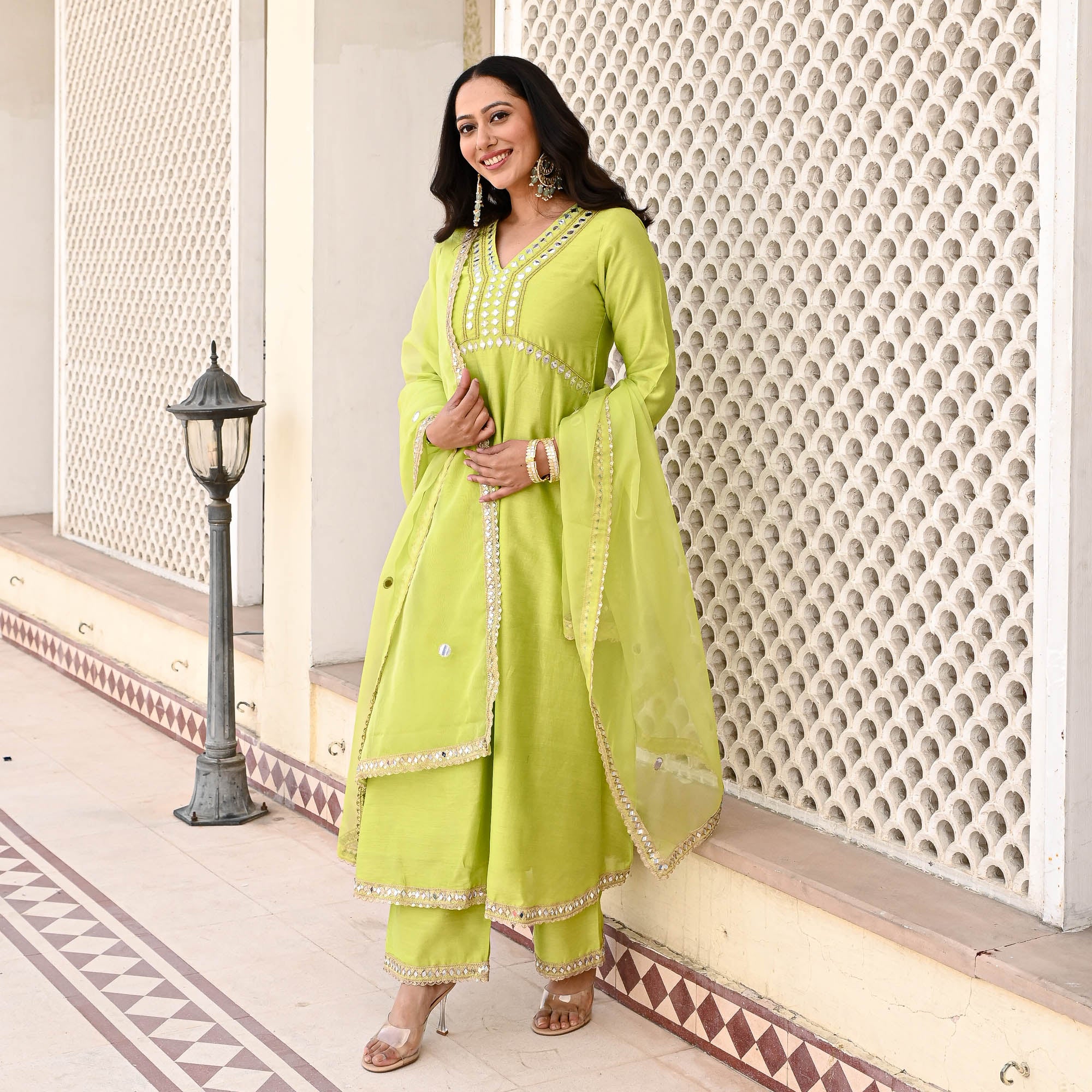 Lime Green Mirror Work Anarkali Suit for Women Online