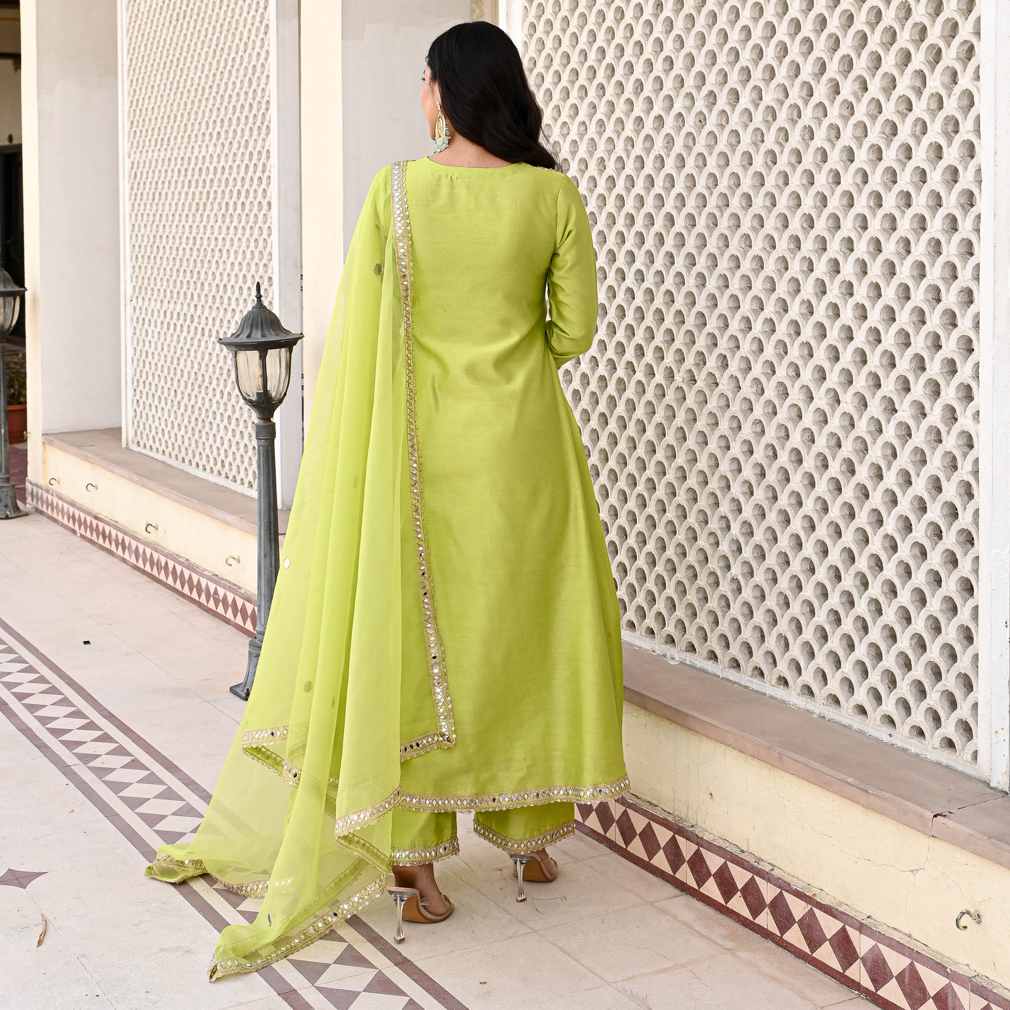 Lime Green Mirror Work Anarkali Suit for Women Online