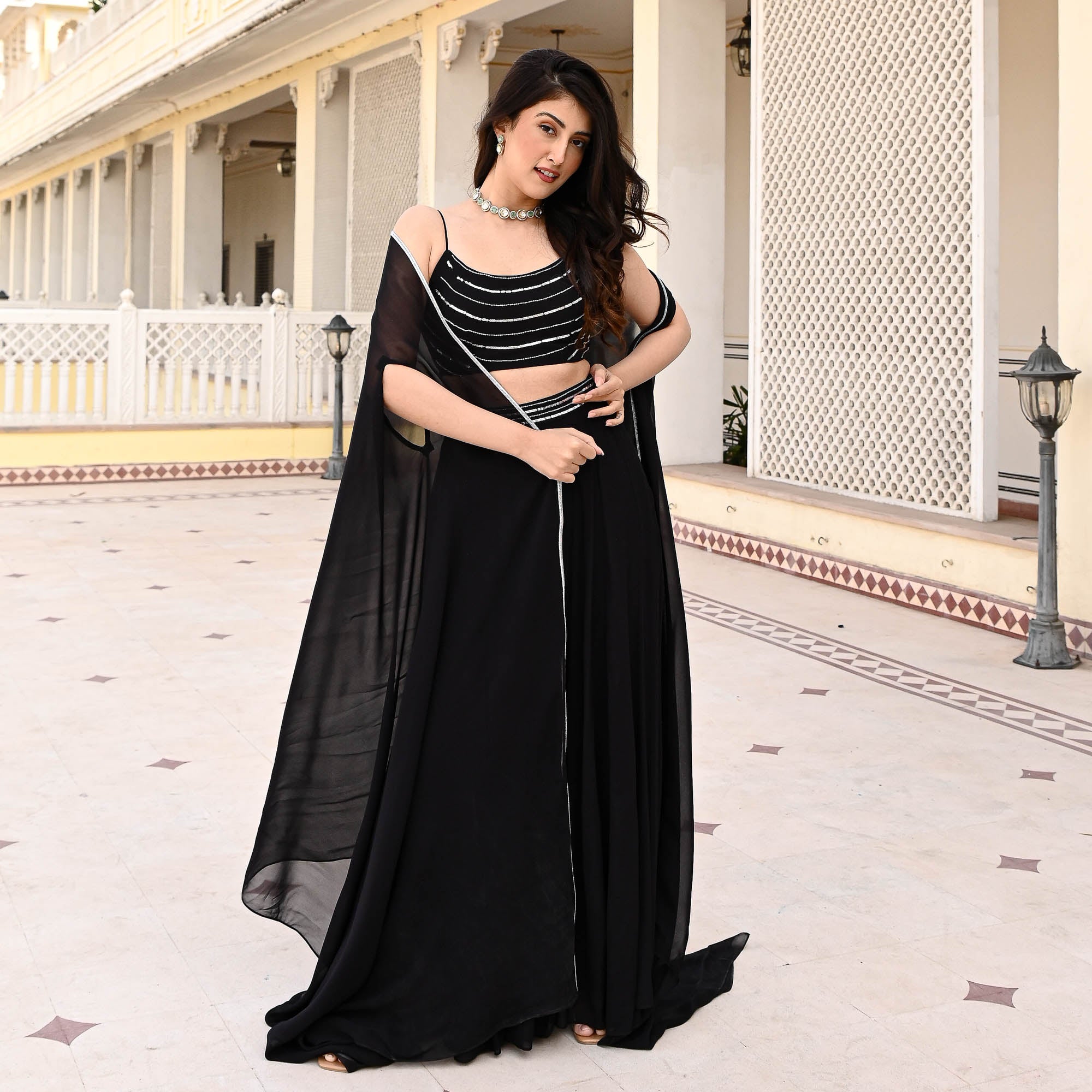 Black Sequin Work Sharara Co-ord Set for Women Online