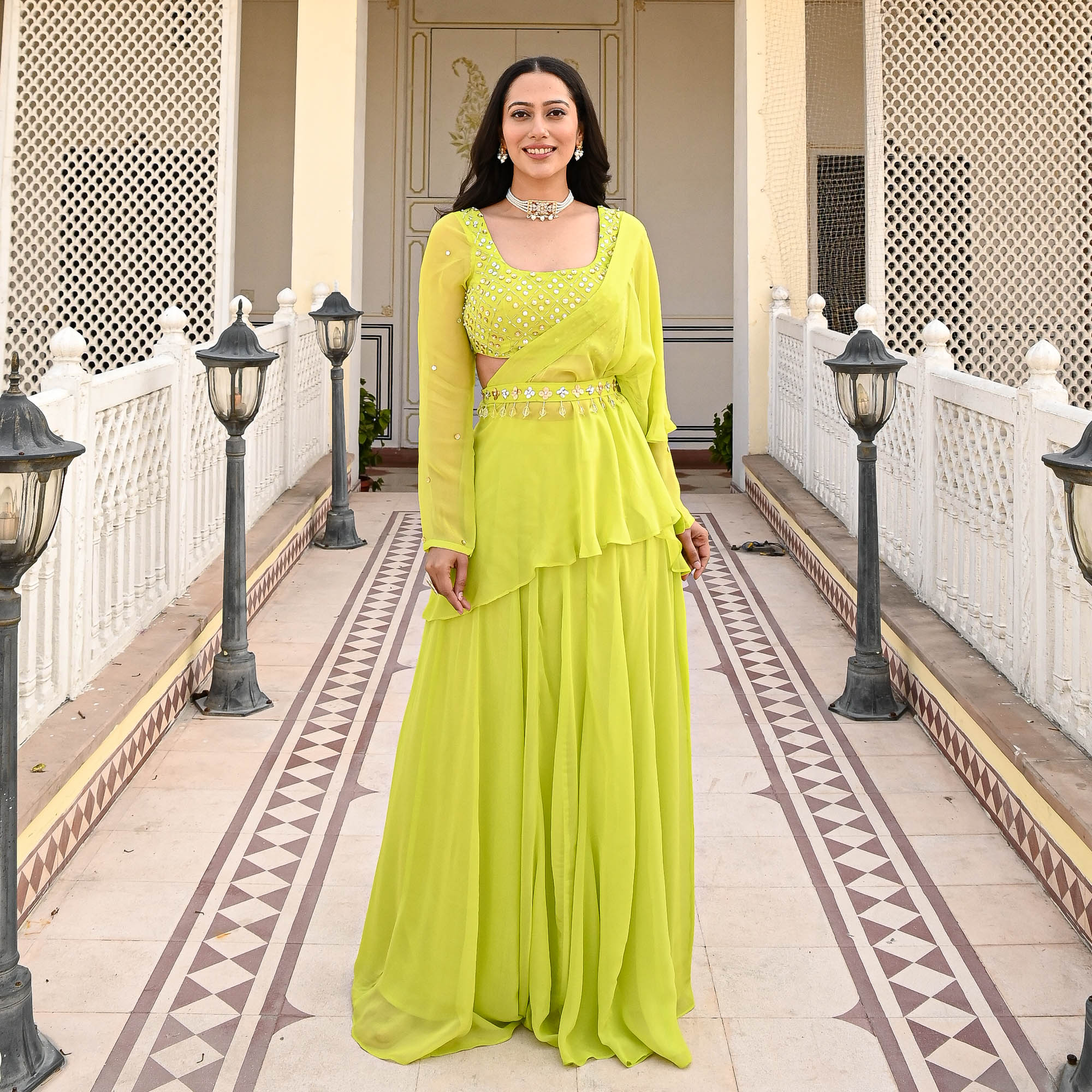 Indya Green Georgette Designer Draped Saree for Women Online UrbanStree Indya Green Georgette Designer Draped Saree for Women Online UrbanStree