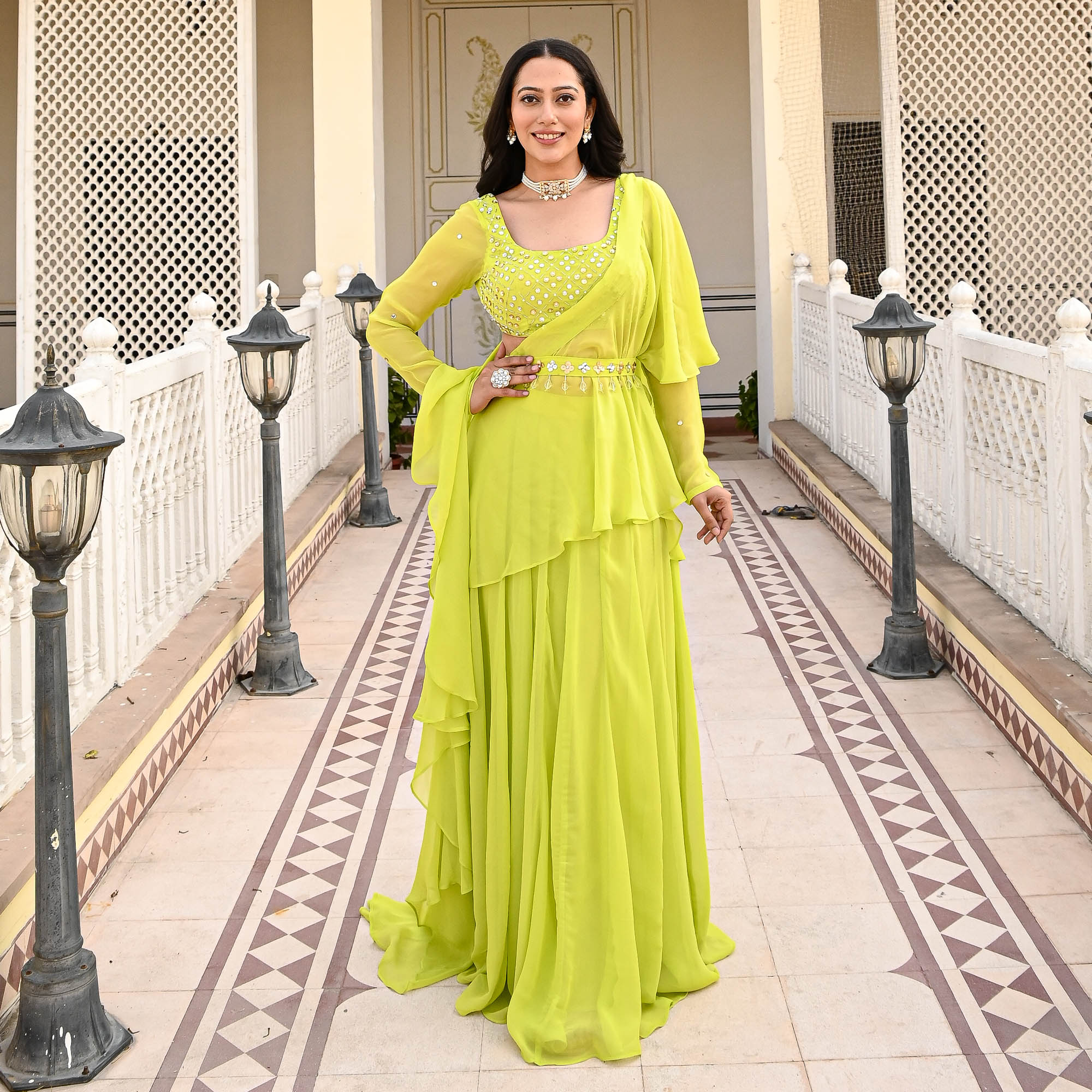 Indya Green Georgette Designer Draped Saree for Women Online