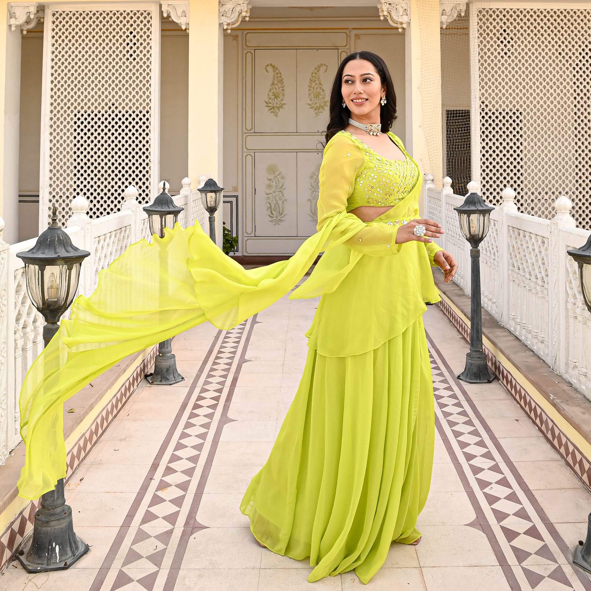 Lime Green Draped Saree for Women Online