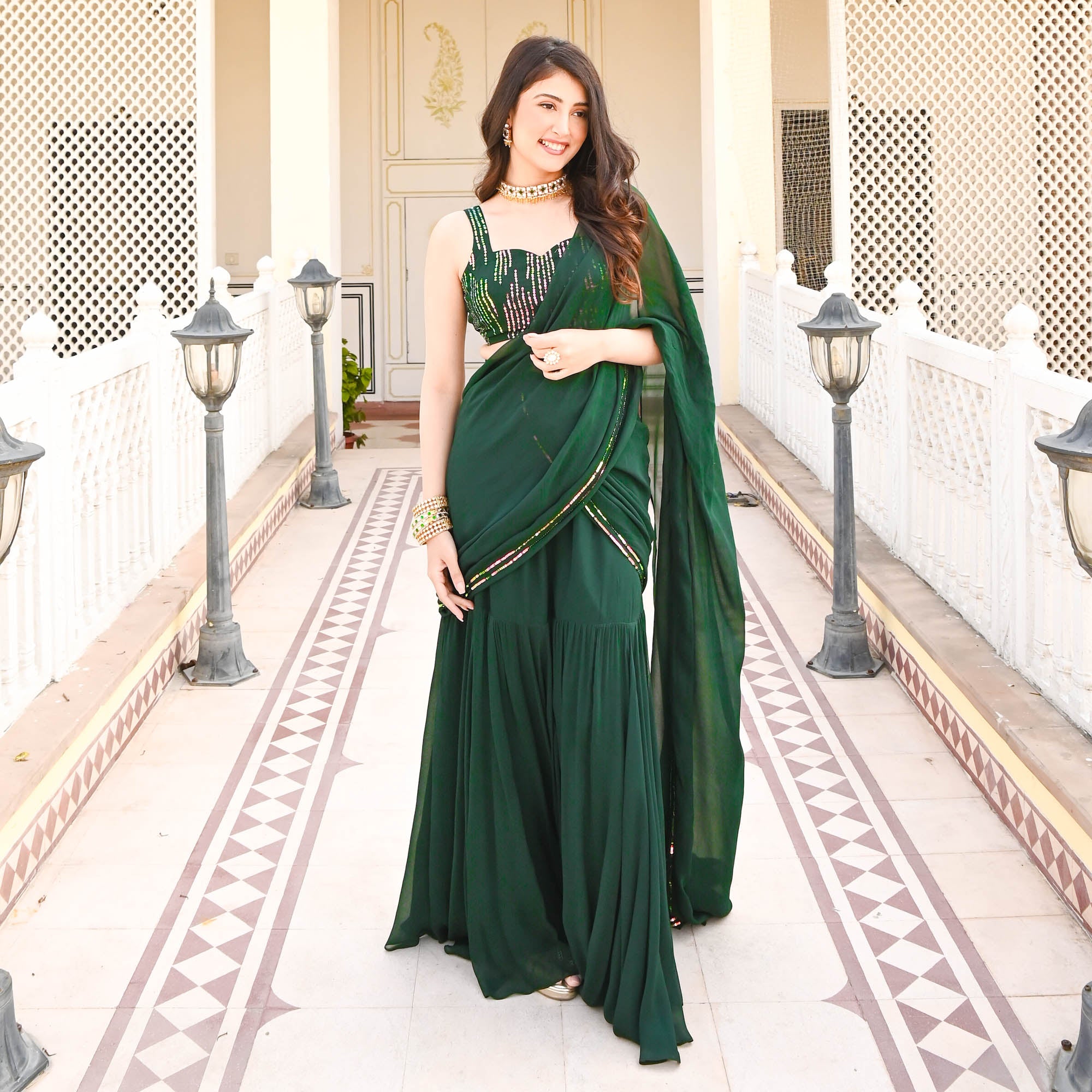Urvi Green Georgette Designer Draped Saree for Women Online
