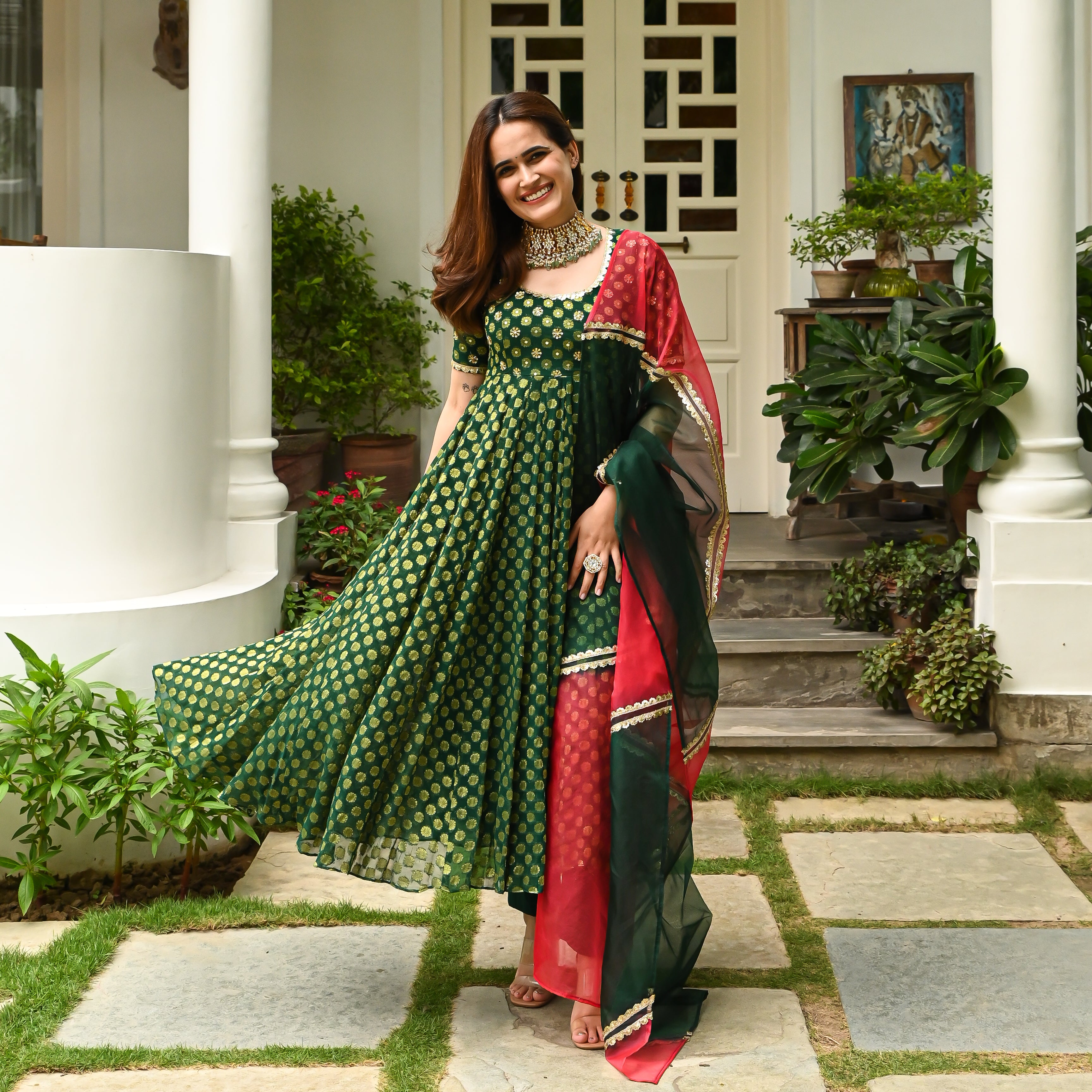 Vaidehi Green Jacquard Designer Anarkali Suit Set for Women Online
