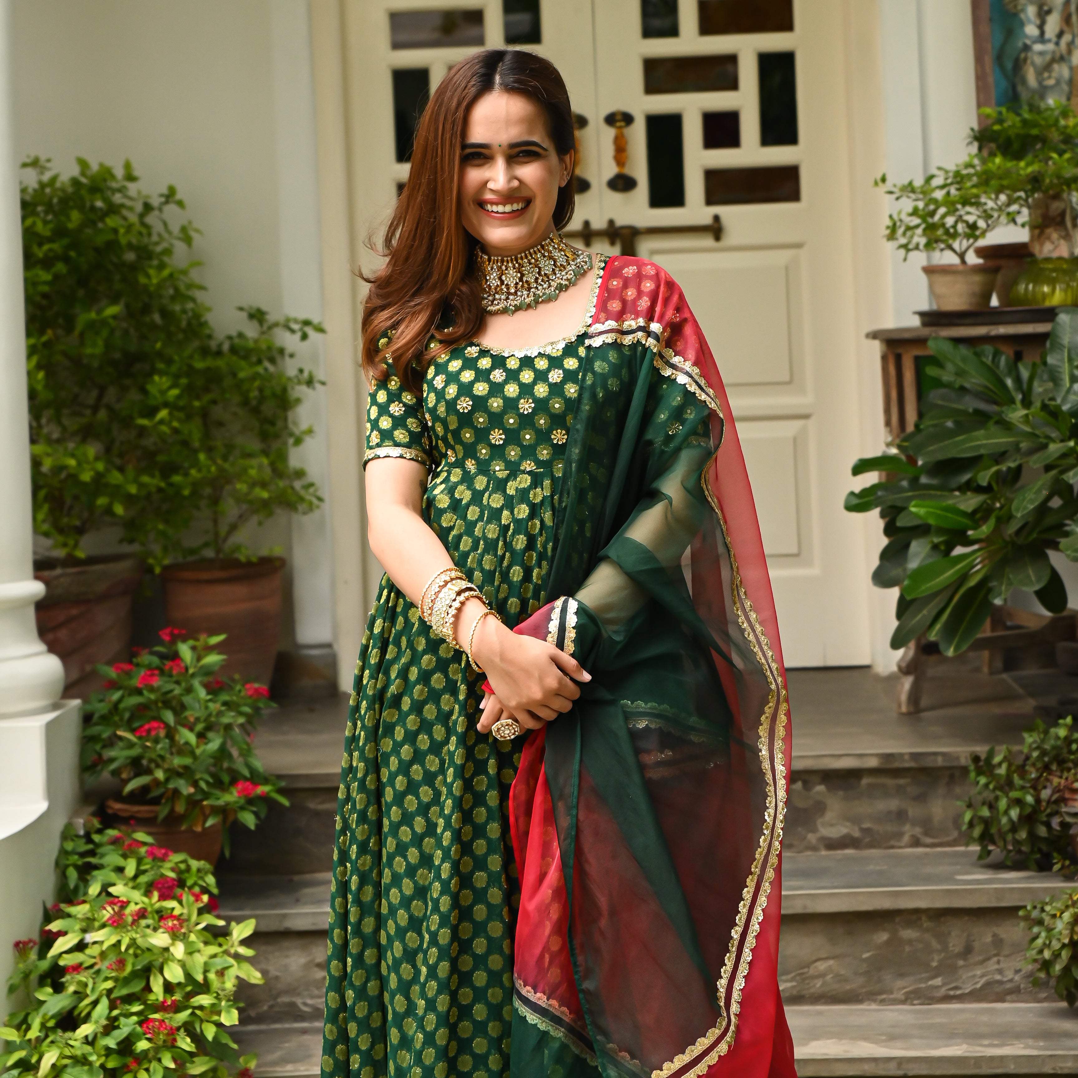 Dark Green Jacquard Anarkali Suit Set for Women Online