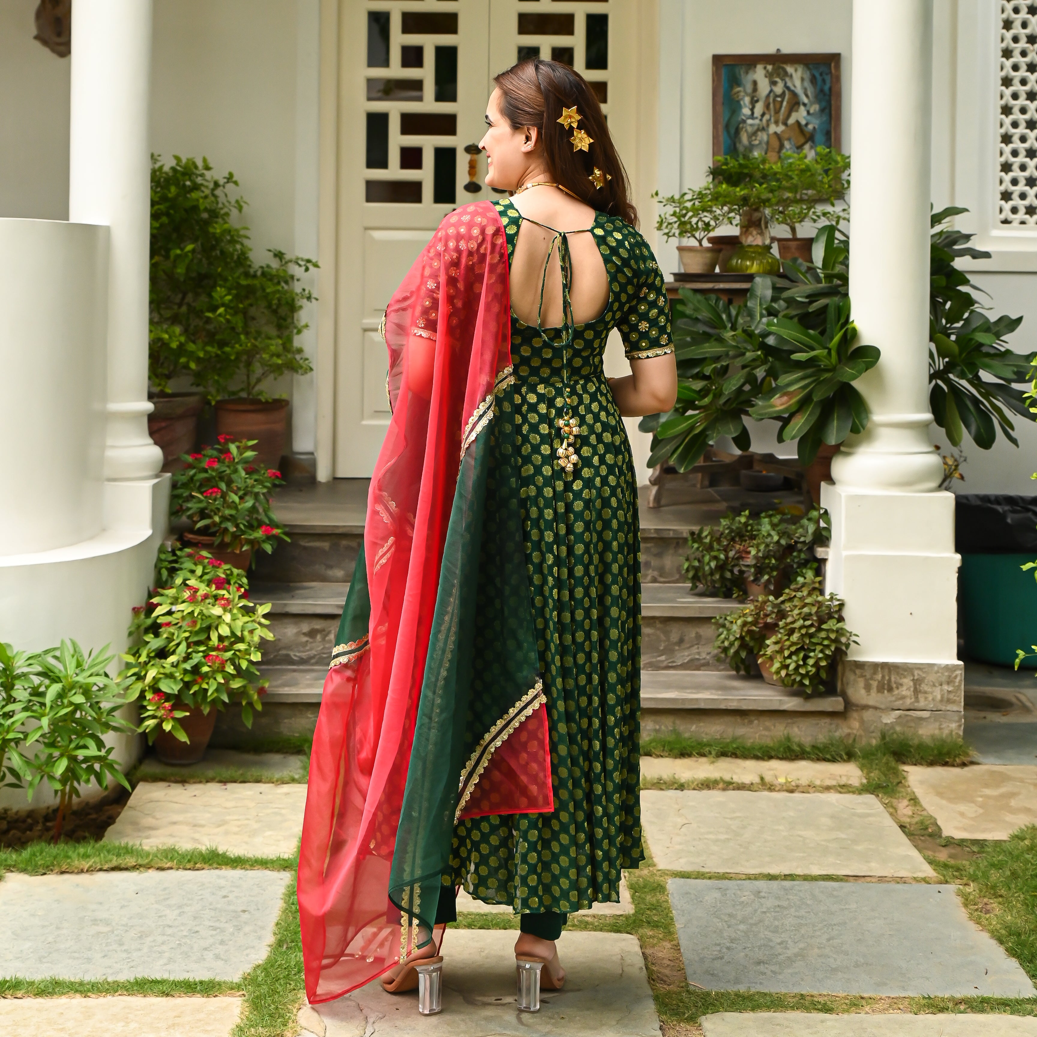 Dark Green Jacquard Anarkali Suit Set for Women Online