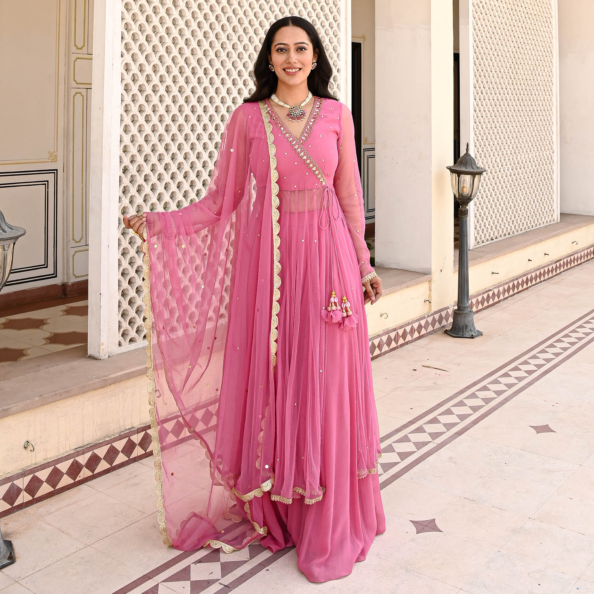 Rukhsaar Pink Net Angrakha Designer Anarkali for Women Online