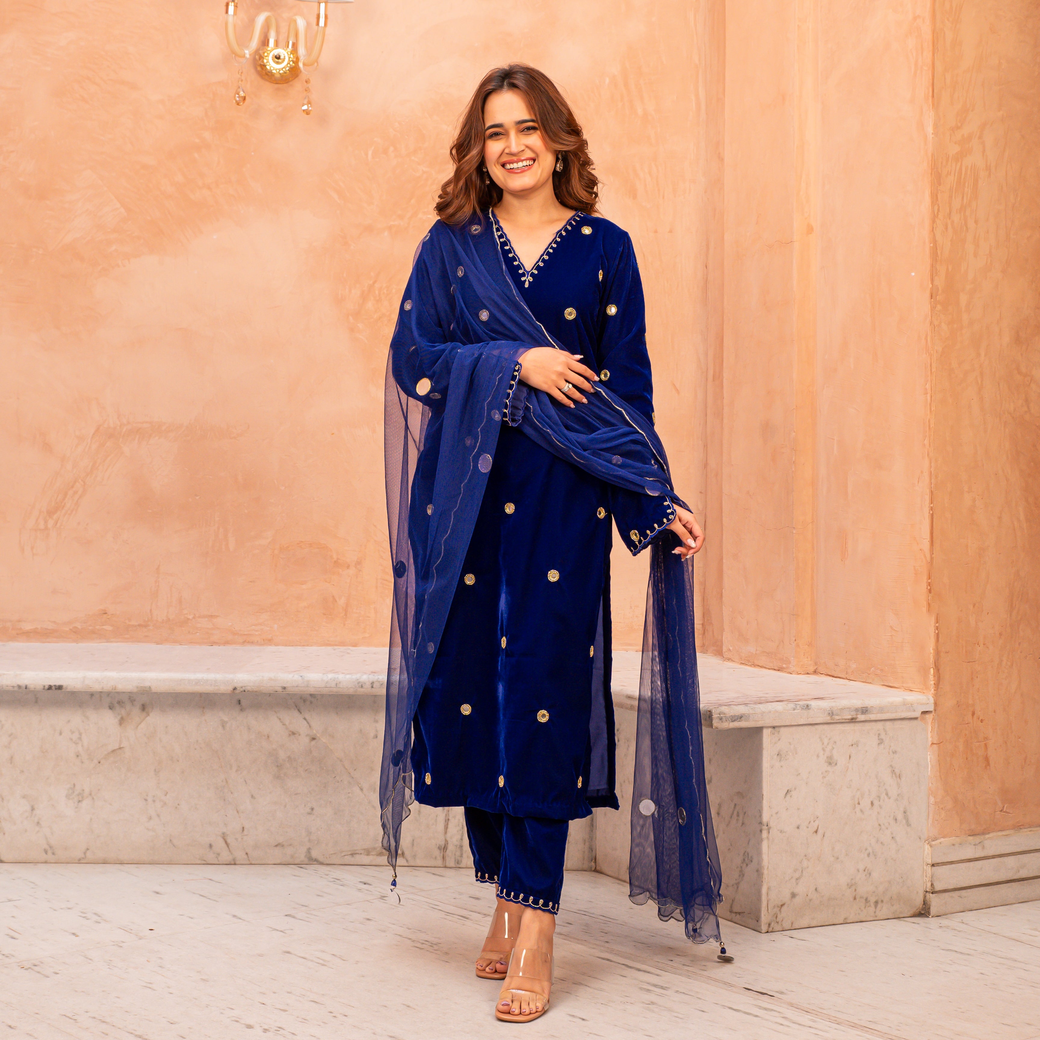 Nawab Designer Blue Velvet Suit Set for Women Online