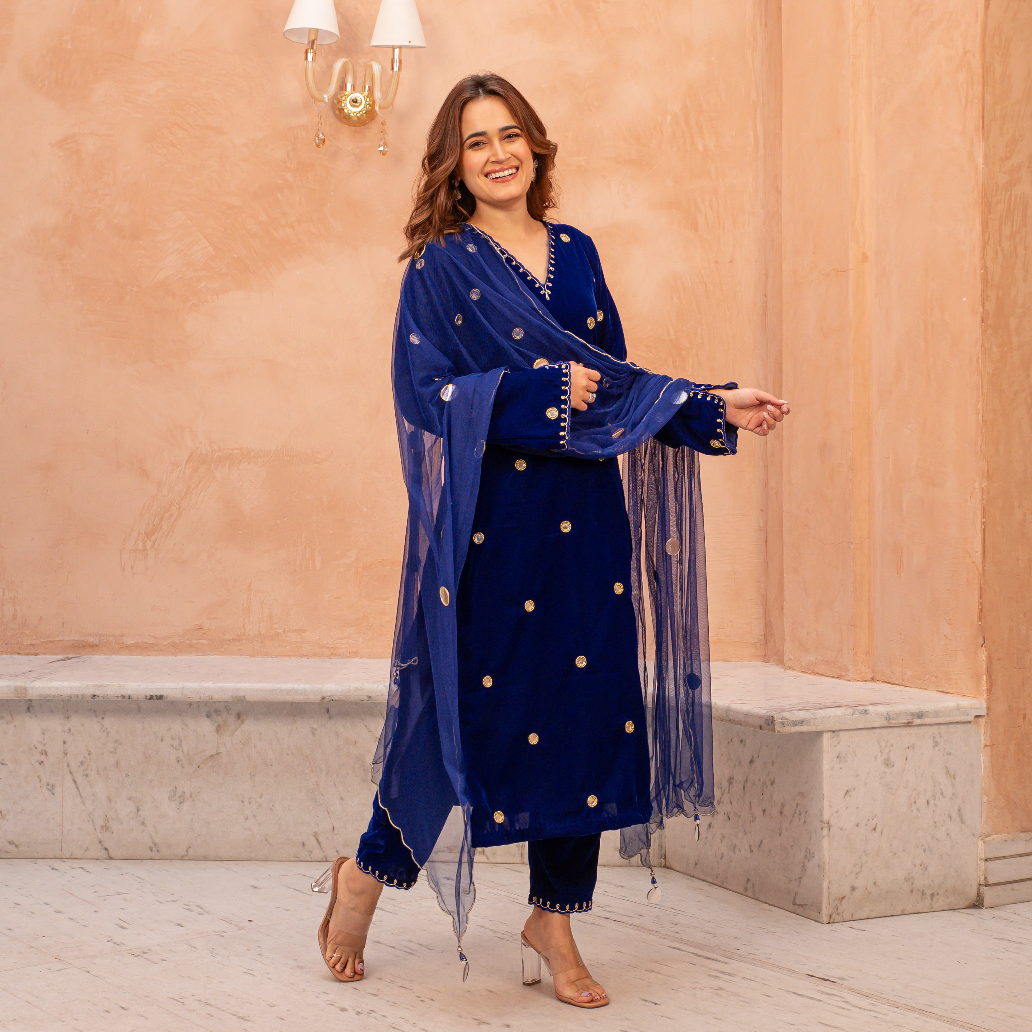 Nawab Designer Blue Velvet Suit Set for Women Online