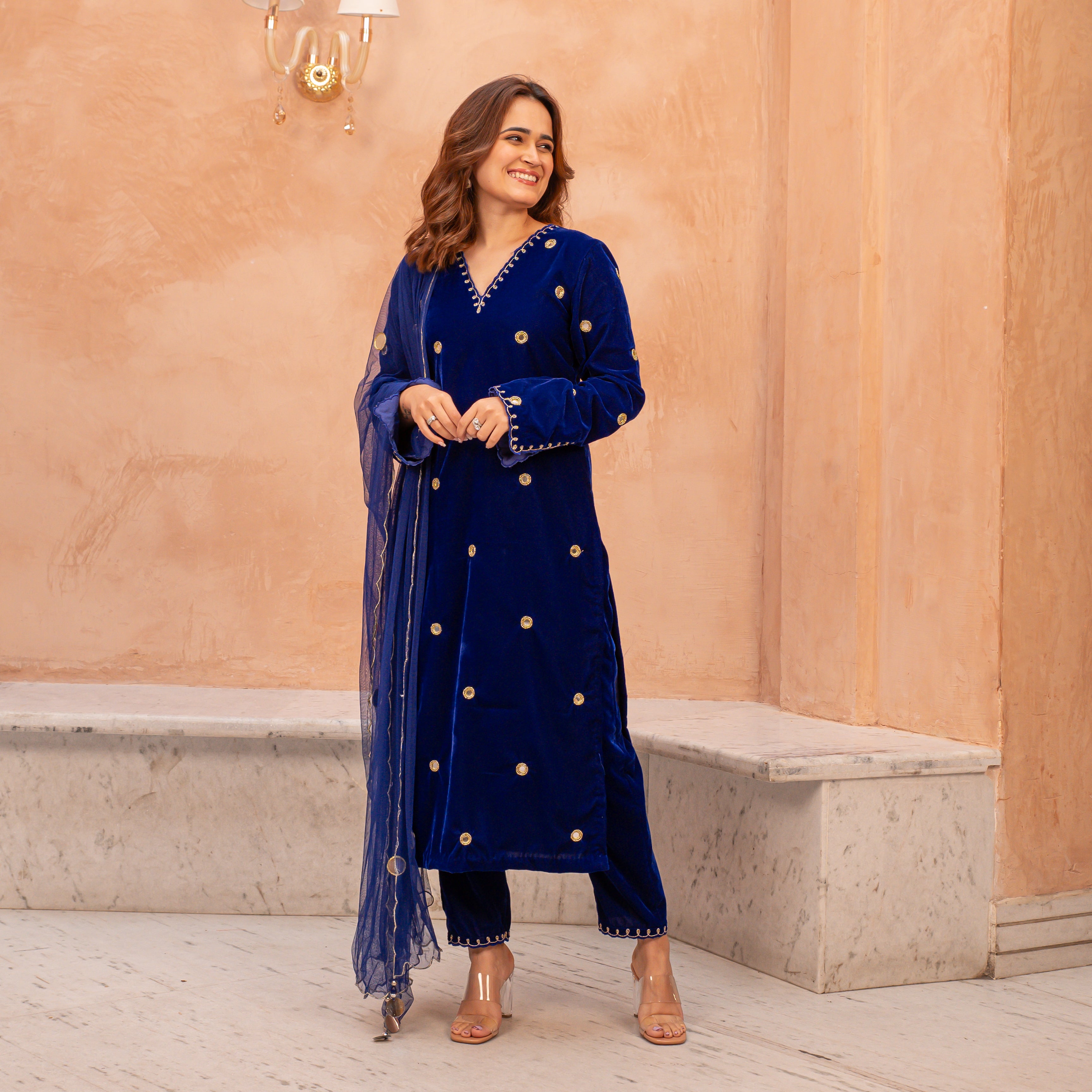 Blue Velvet Straight Suit for Women Online