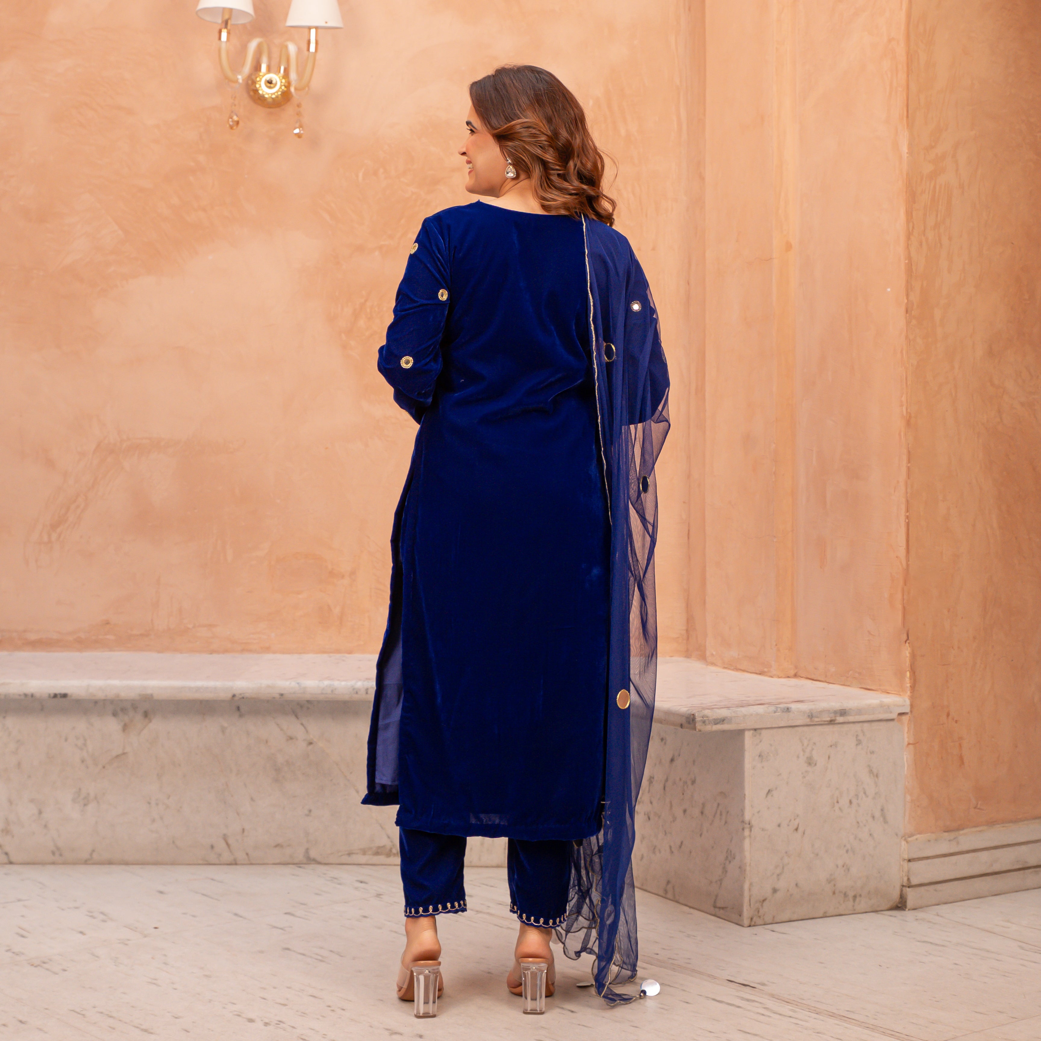 Blue Velvet Straight Suit for Women Online