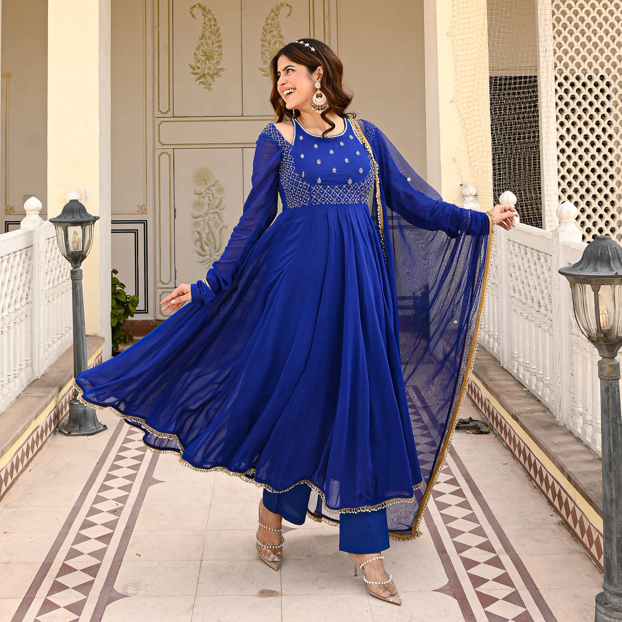 anarkali dress sleeves design Designer Peacock Embroidered Anarkali Gown for Women