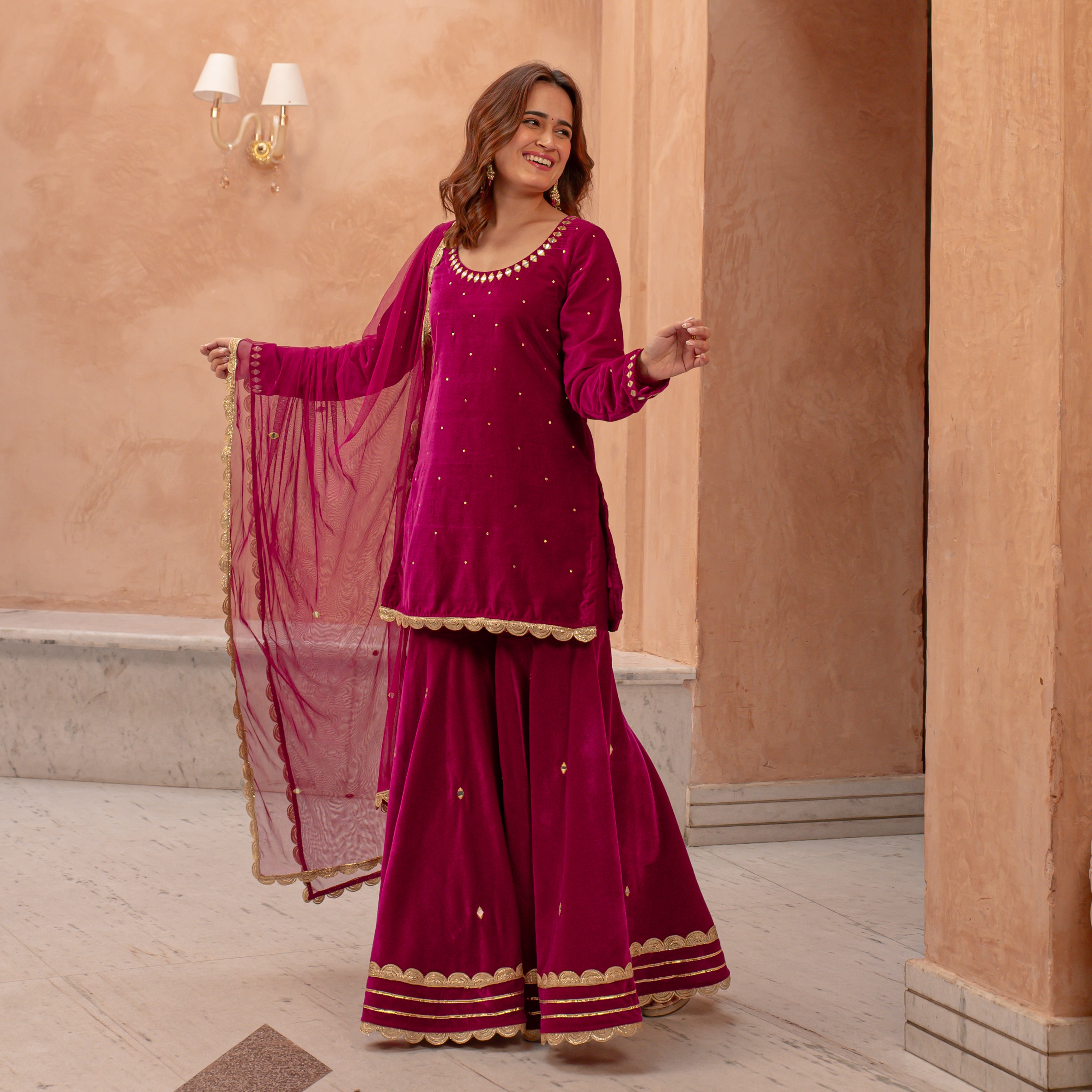 Bano Designer Pink Velvet Sharara Suit Set for Women Online