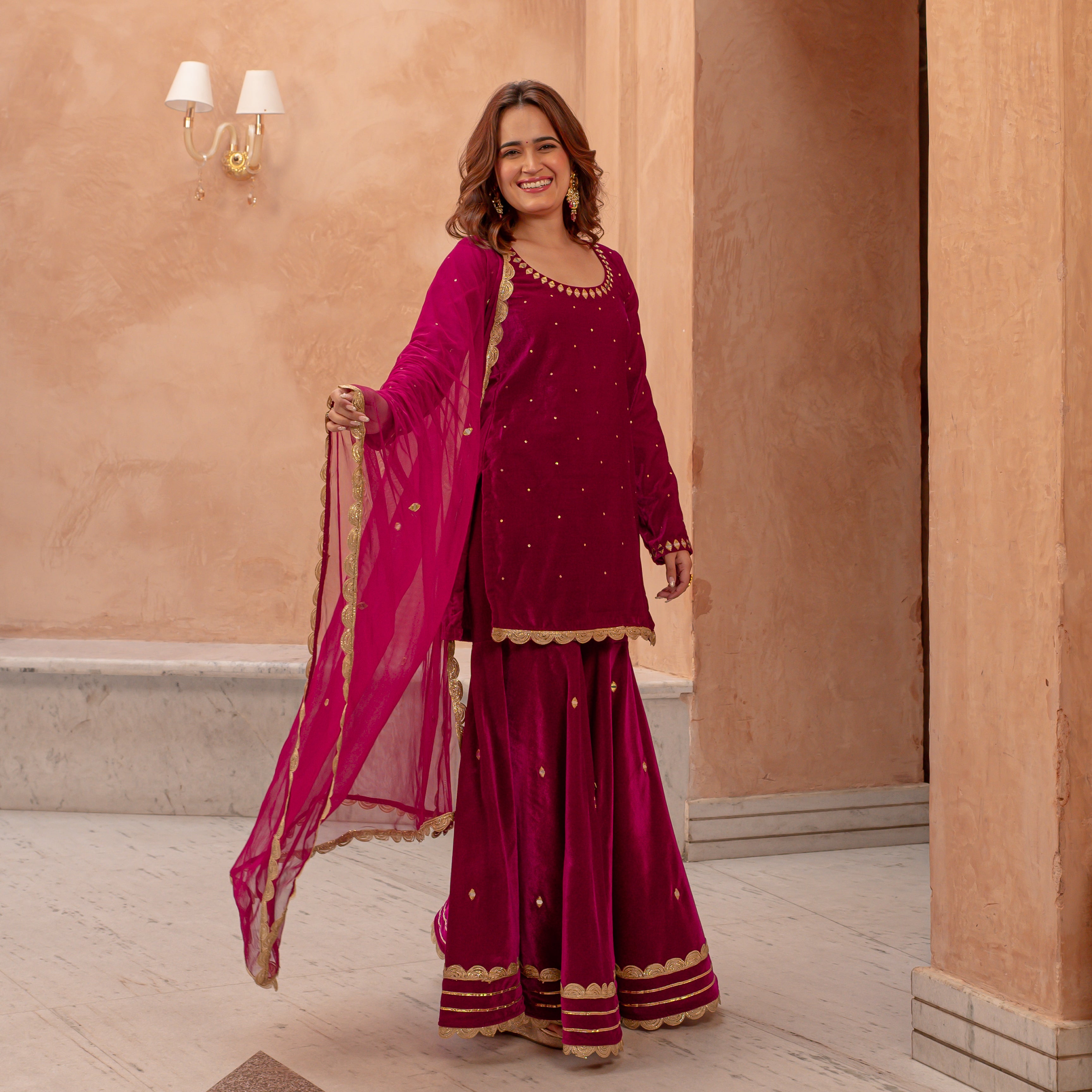 Pink Full sleeve Velvet Sharara Suit for Women Online