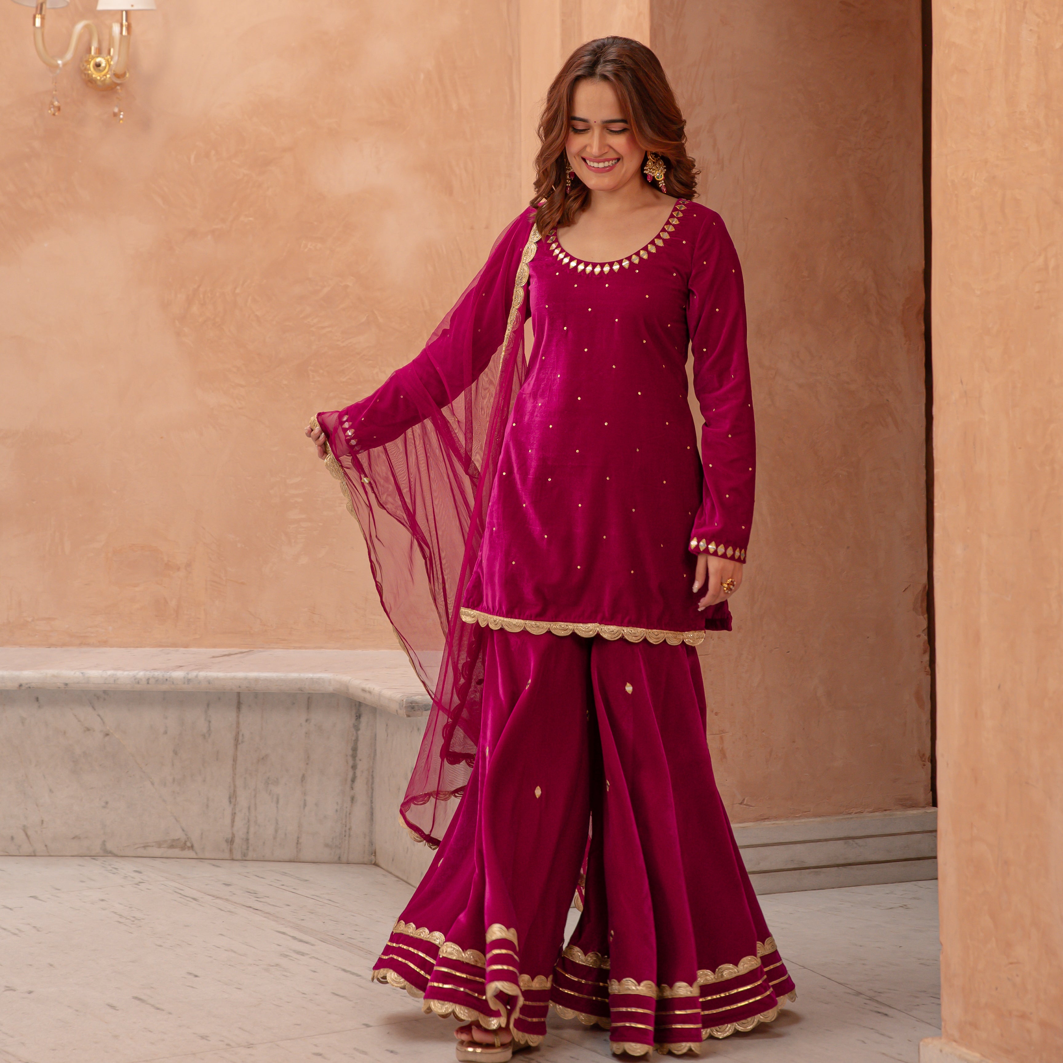 Pink Full sleeve Velvet Sharara Suit for Women Online