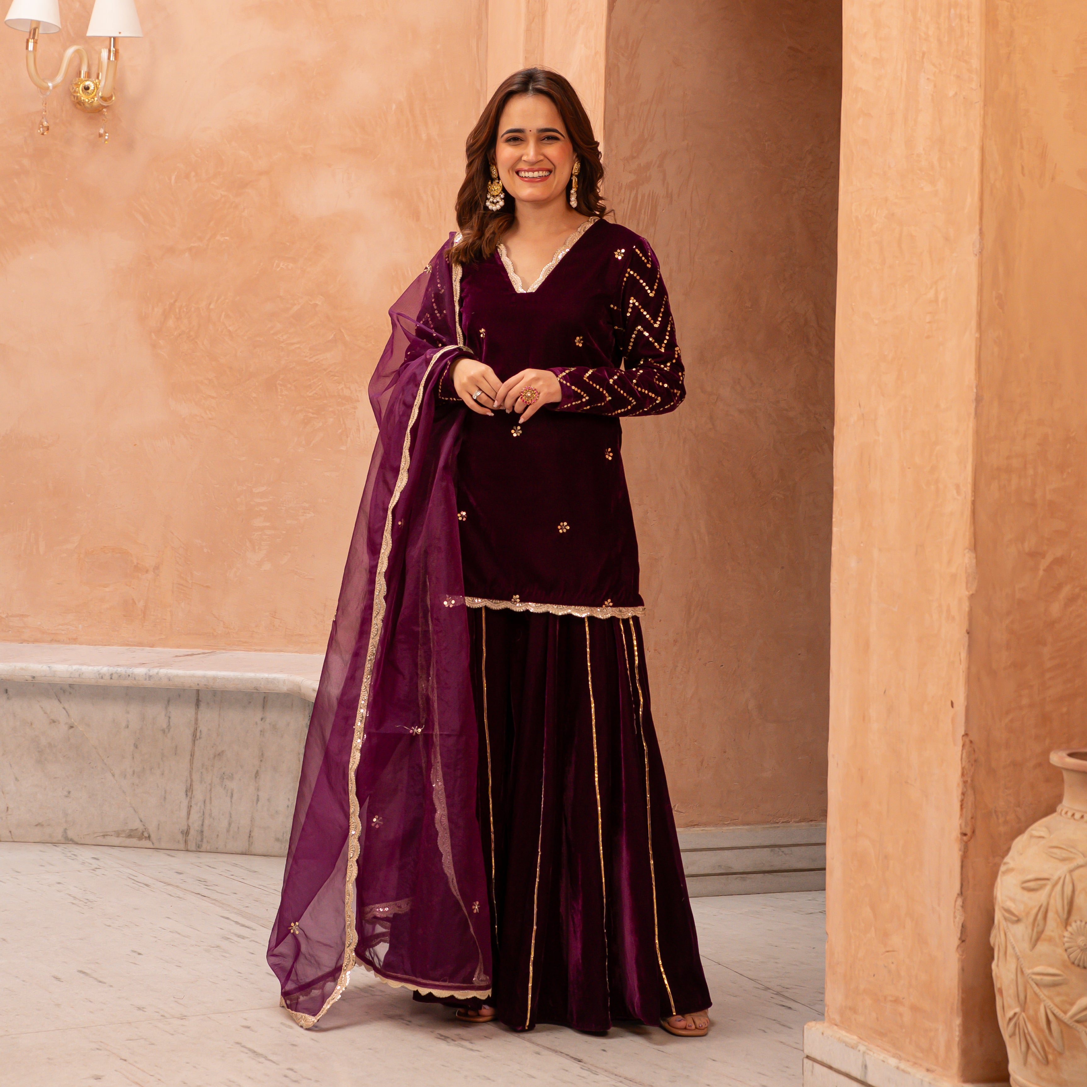 Wine Velvet Sharara Suit for Women Online