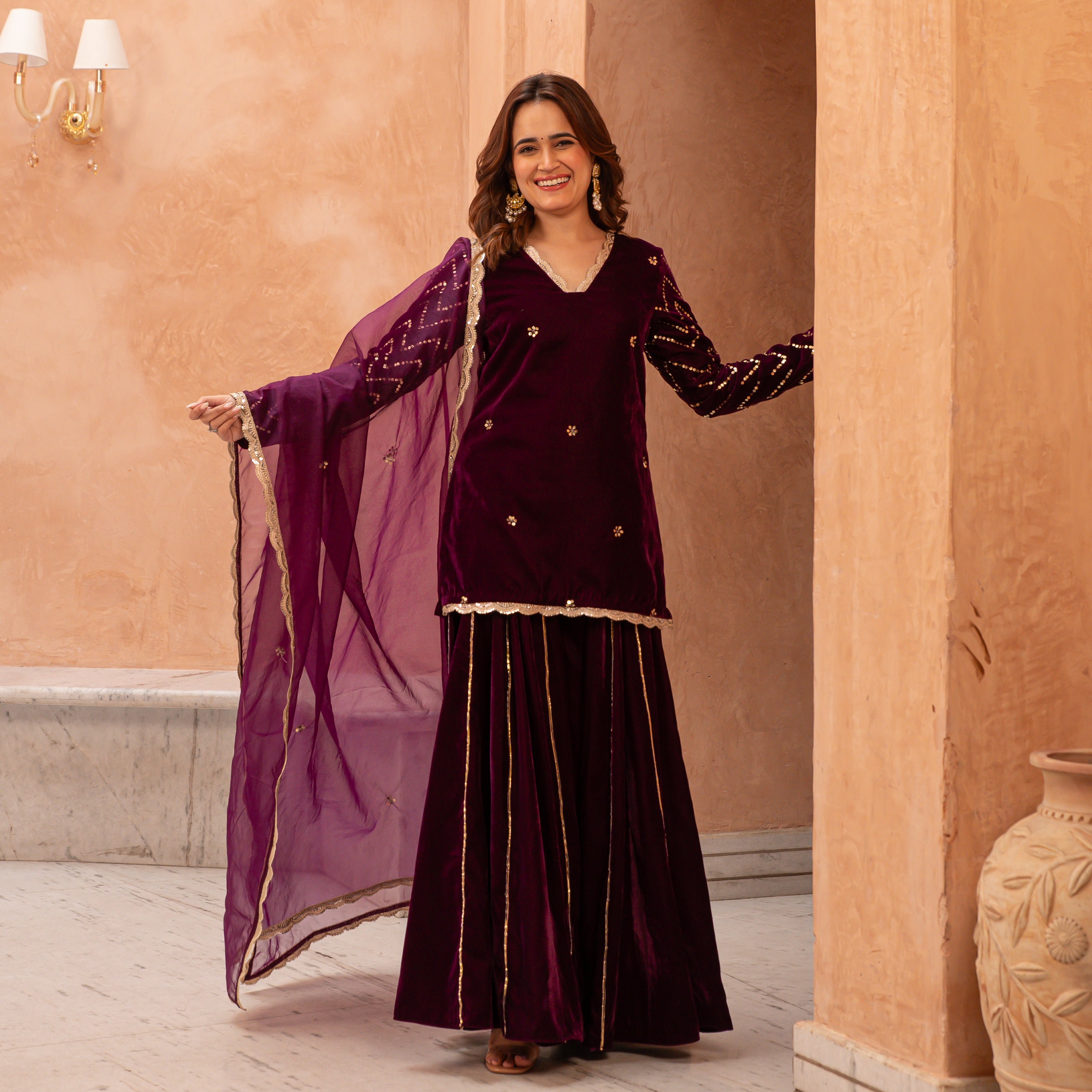 Wine Velvet Sharara Suit for Women Online