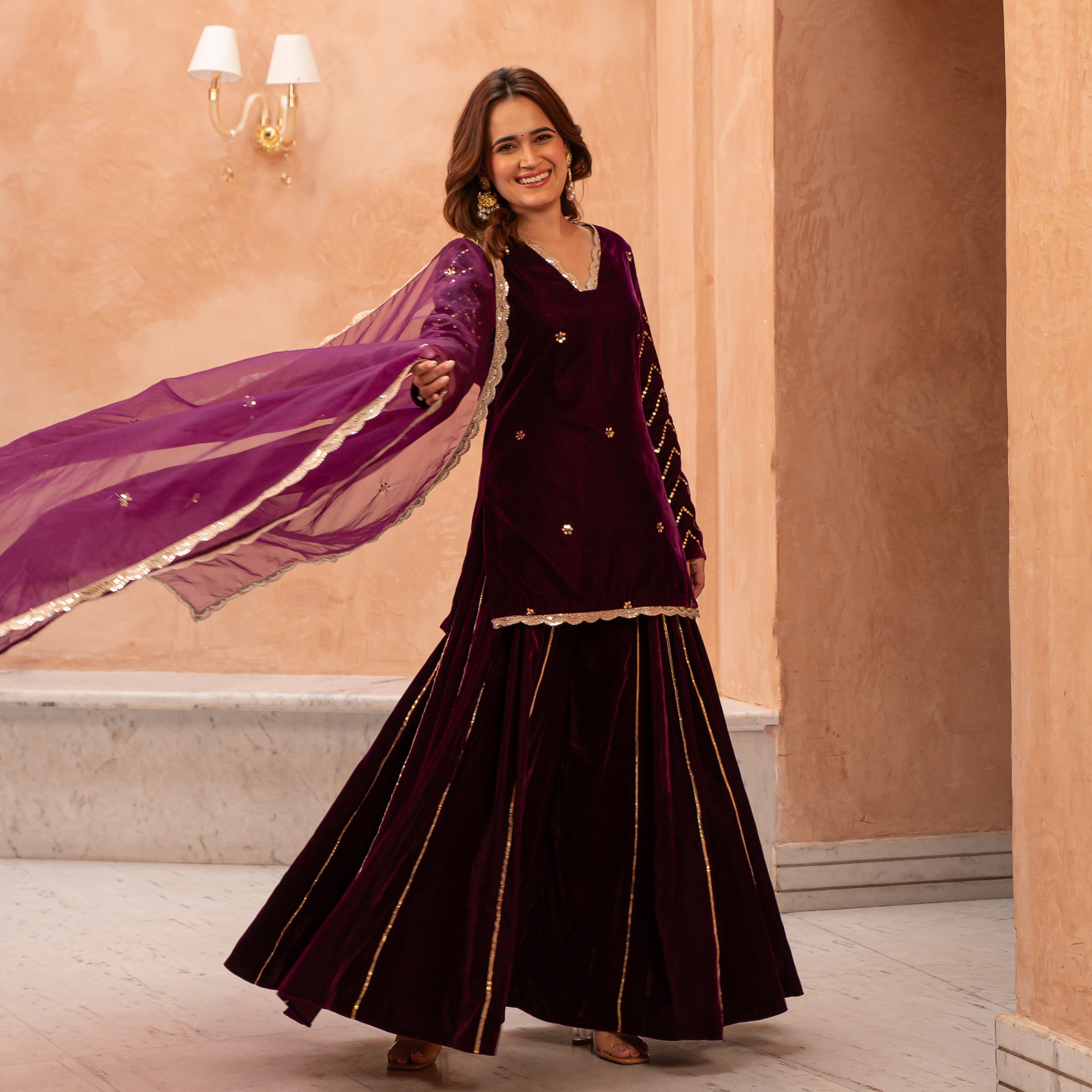 Sahiba Designer Wine Velvet Sharara Suit Set for Women Online