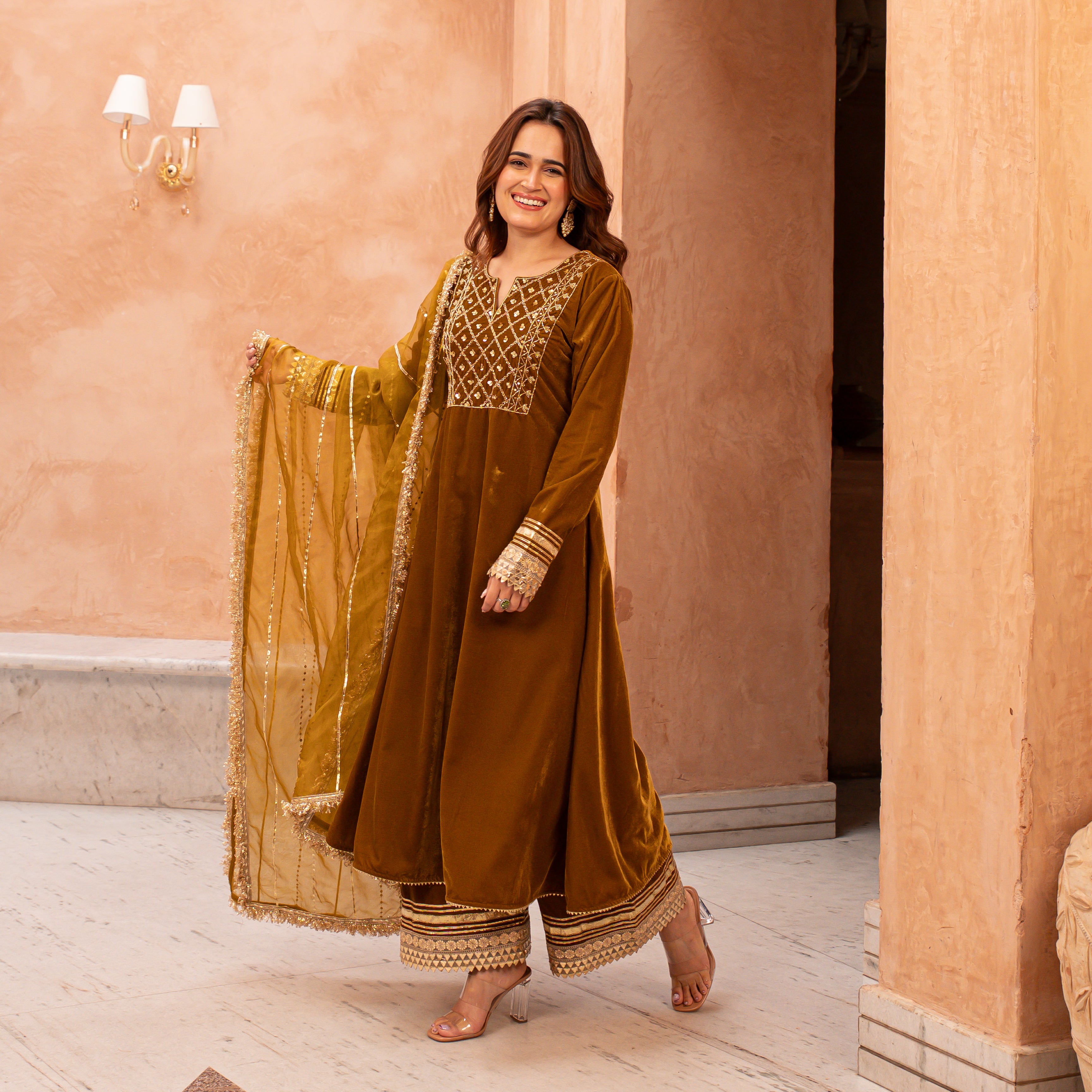 Sufi Designer Yellow Velvet Suit Set for Women Online