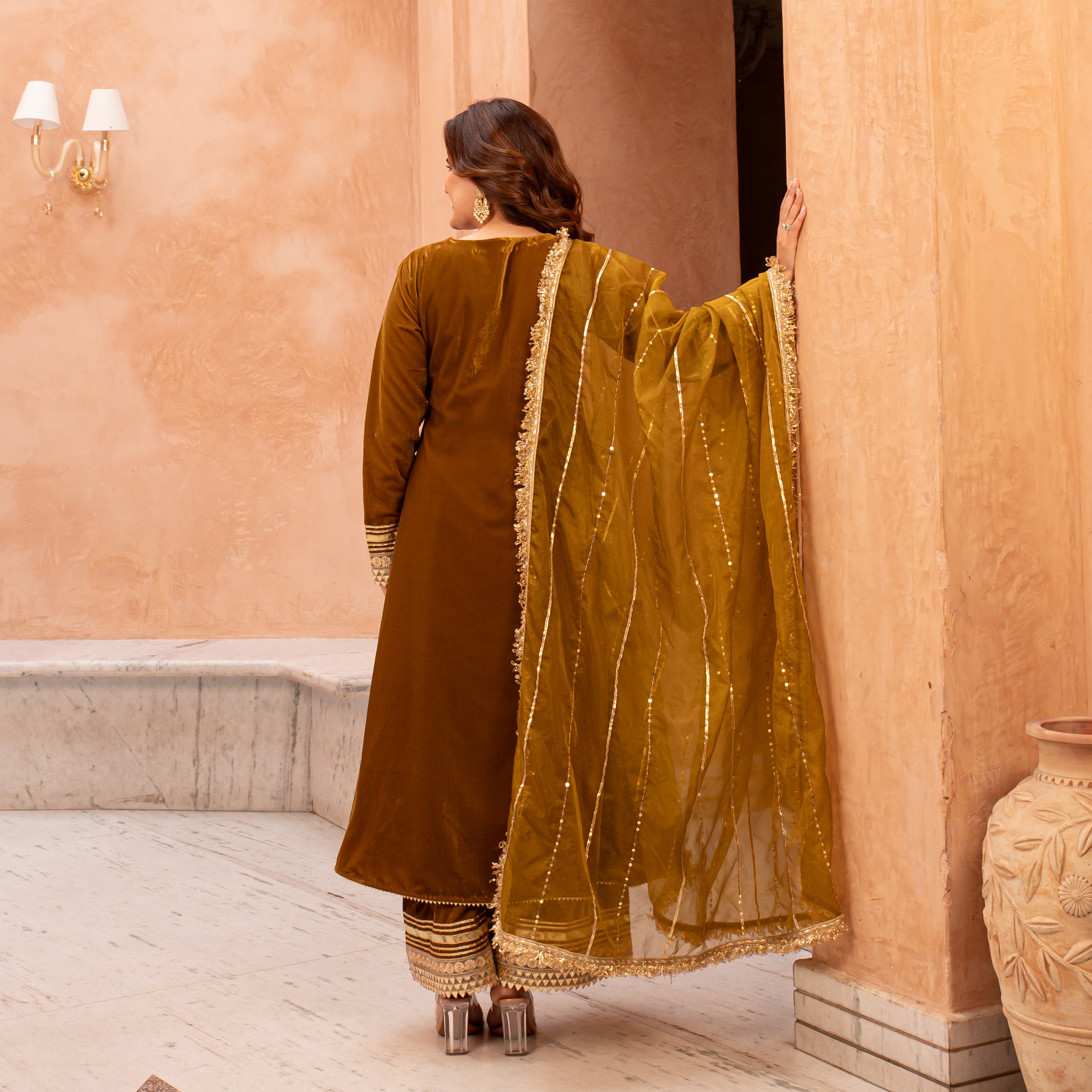 Mustard Velvet Full sleeves Suit Set for Women Online