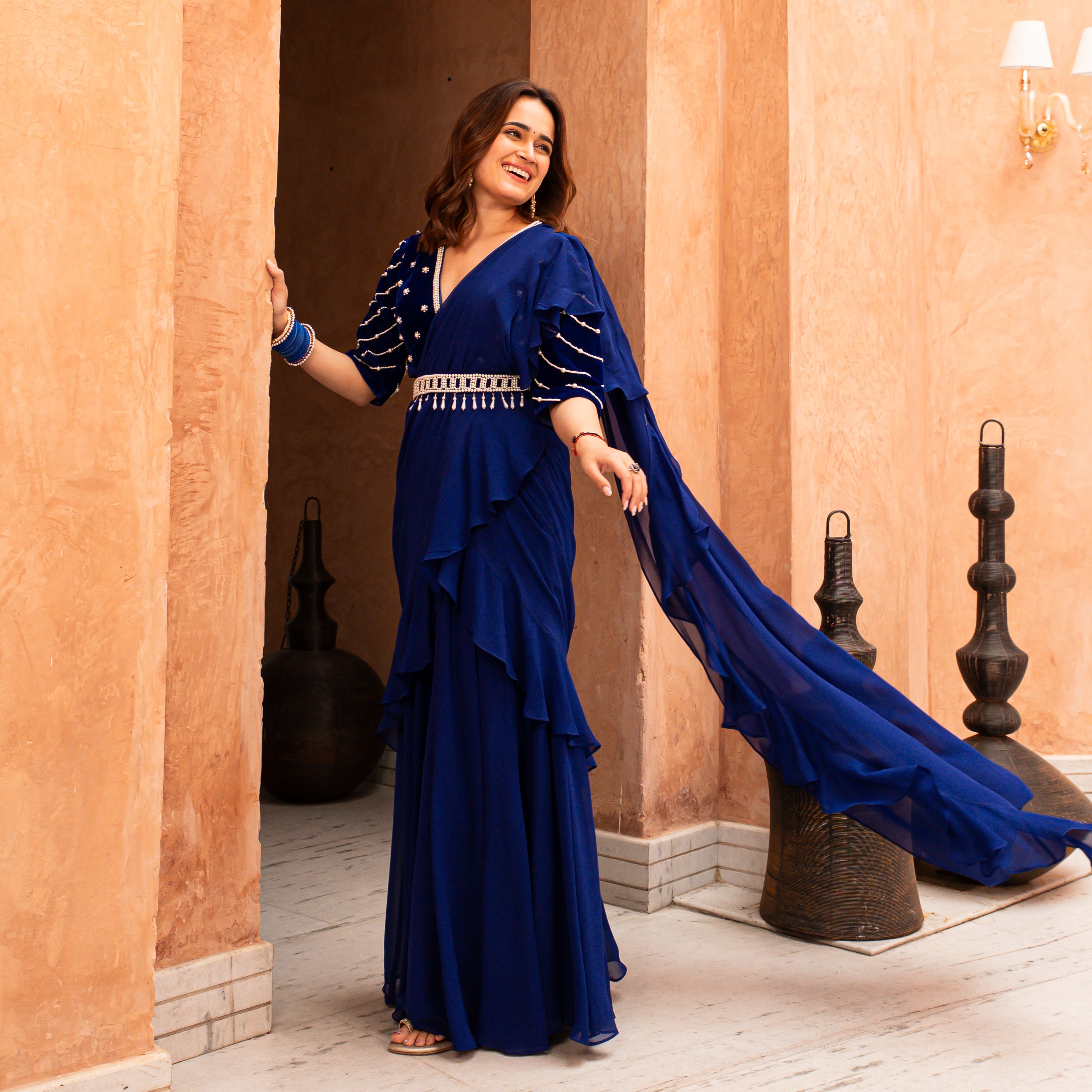 Maria Blue Drape Georgette Saree with Velvet Blouse for Women Online