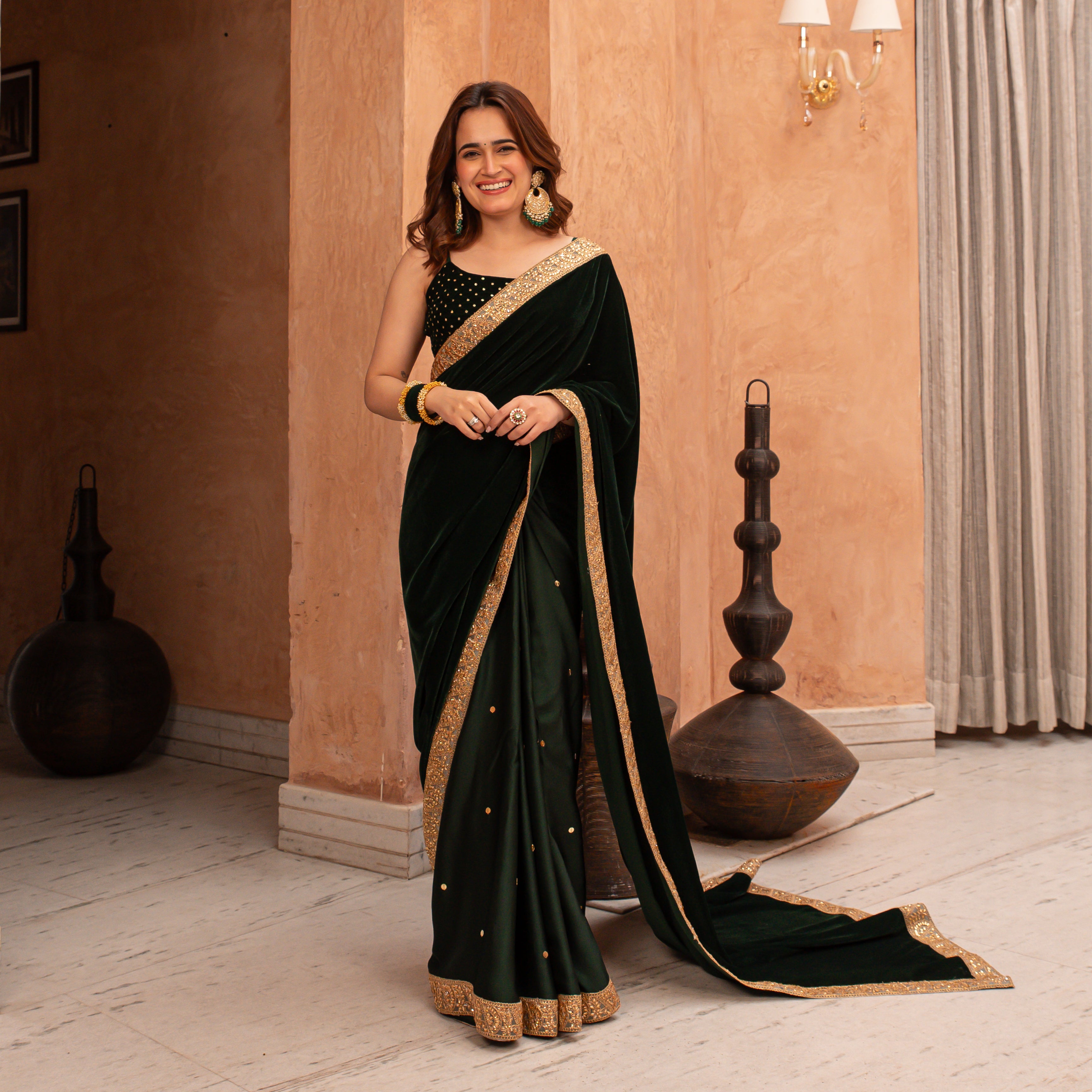 Ratan Green Velvet Designer Saree With Blouse for Women Online
