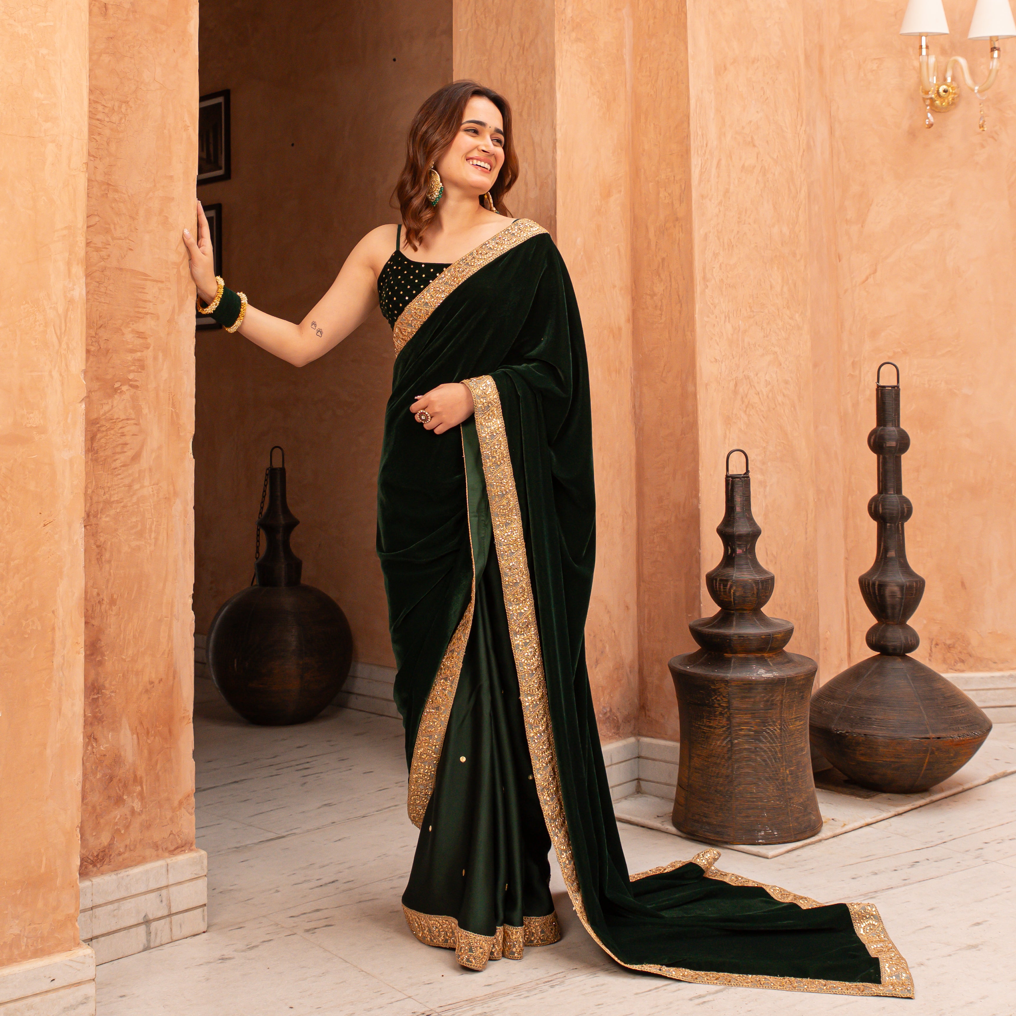 Ratan Green Velvet Designer Saree With Blouse for Women Online
