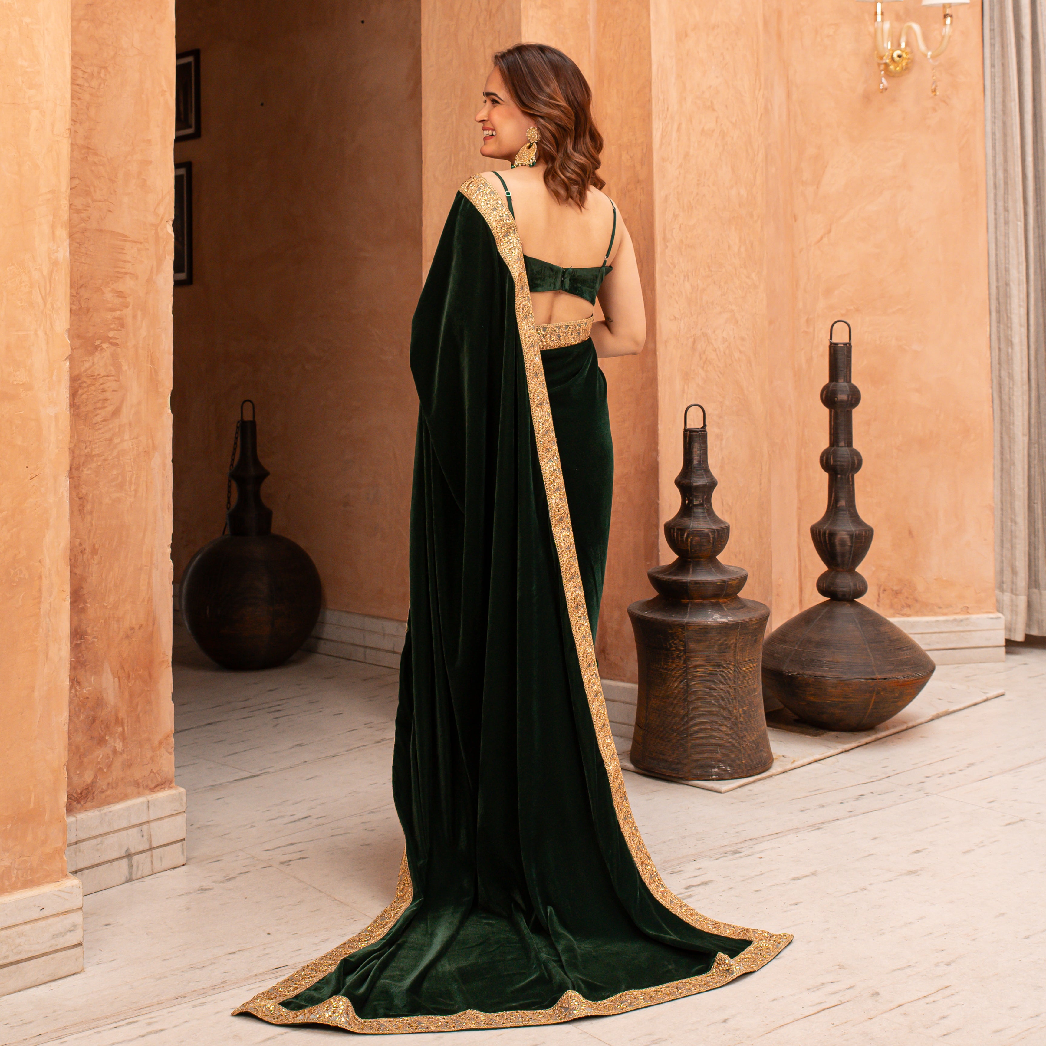 Green Velvet Saree for Women Online