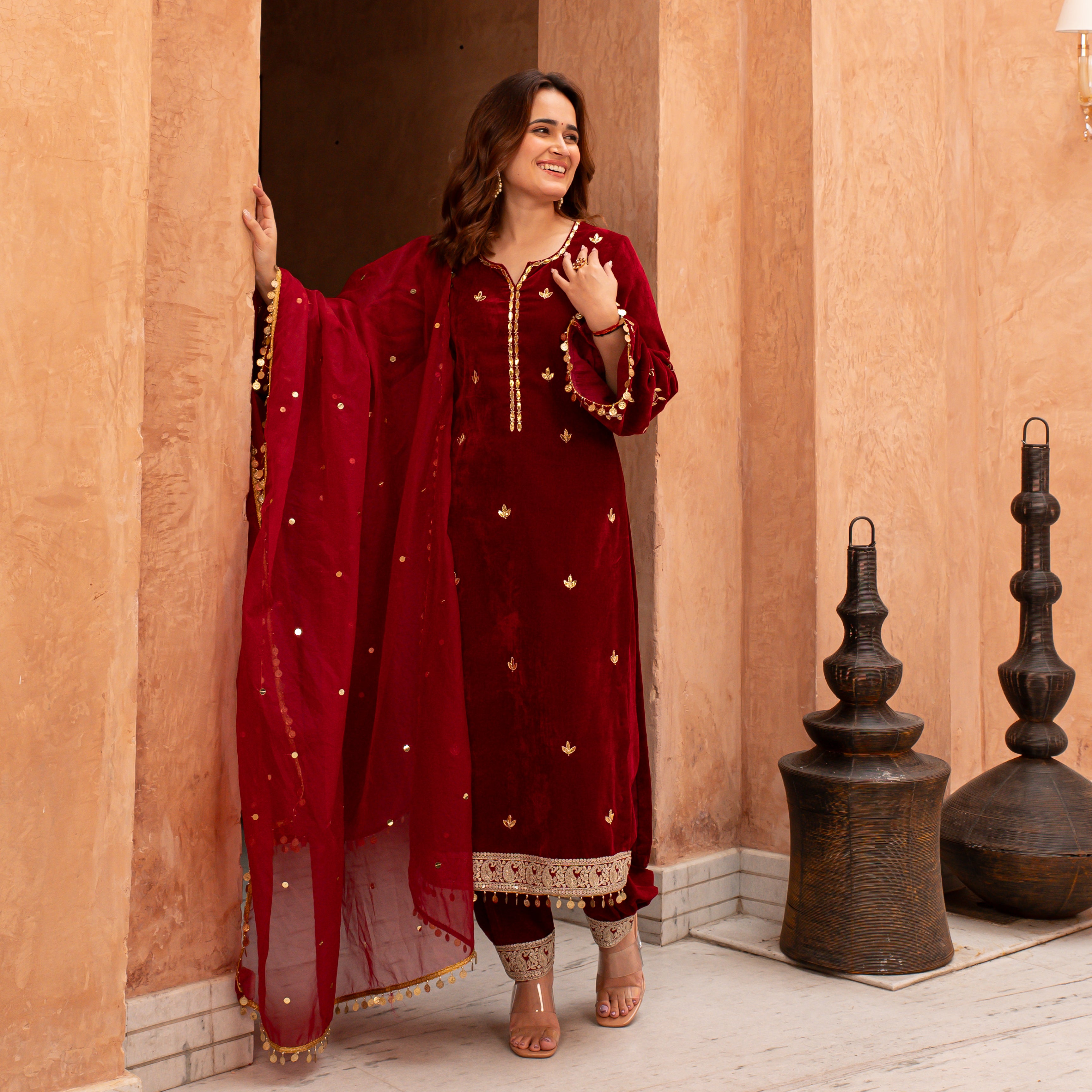 Jodha Designer Red Velvet Suit Set for Women Online