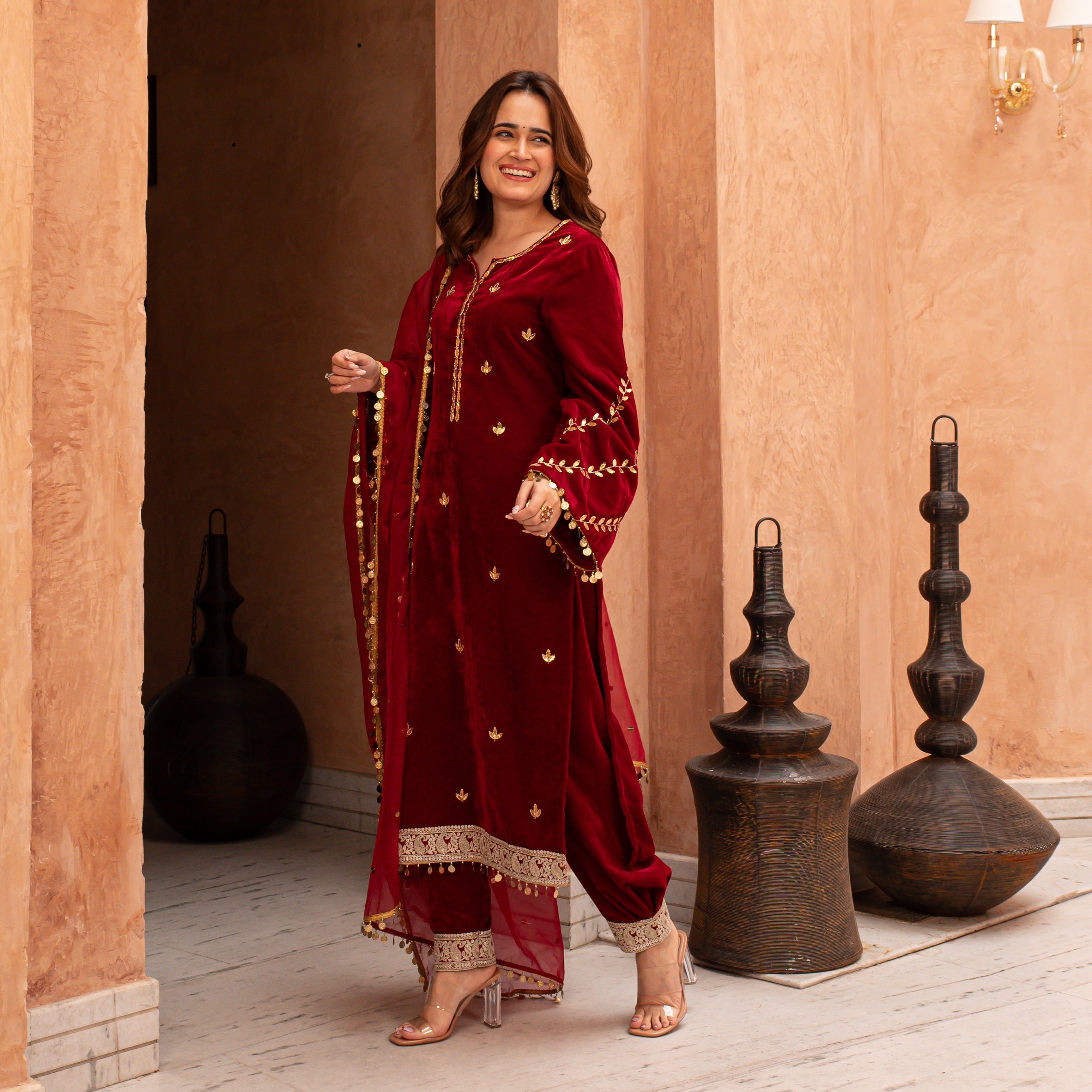 Jodha Designer Red Velvet Suit Set for Women Online