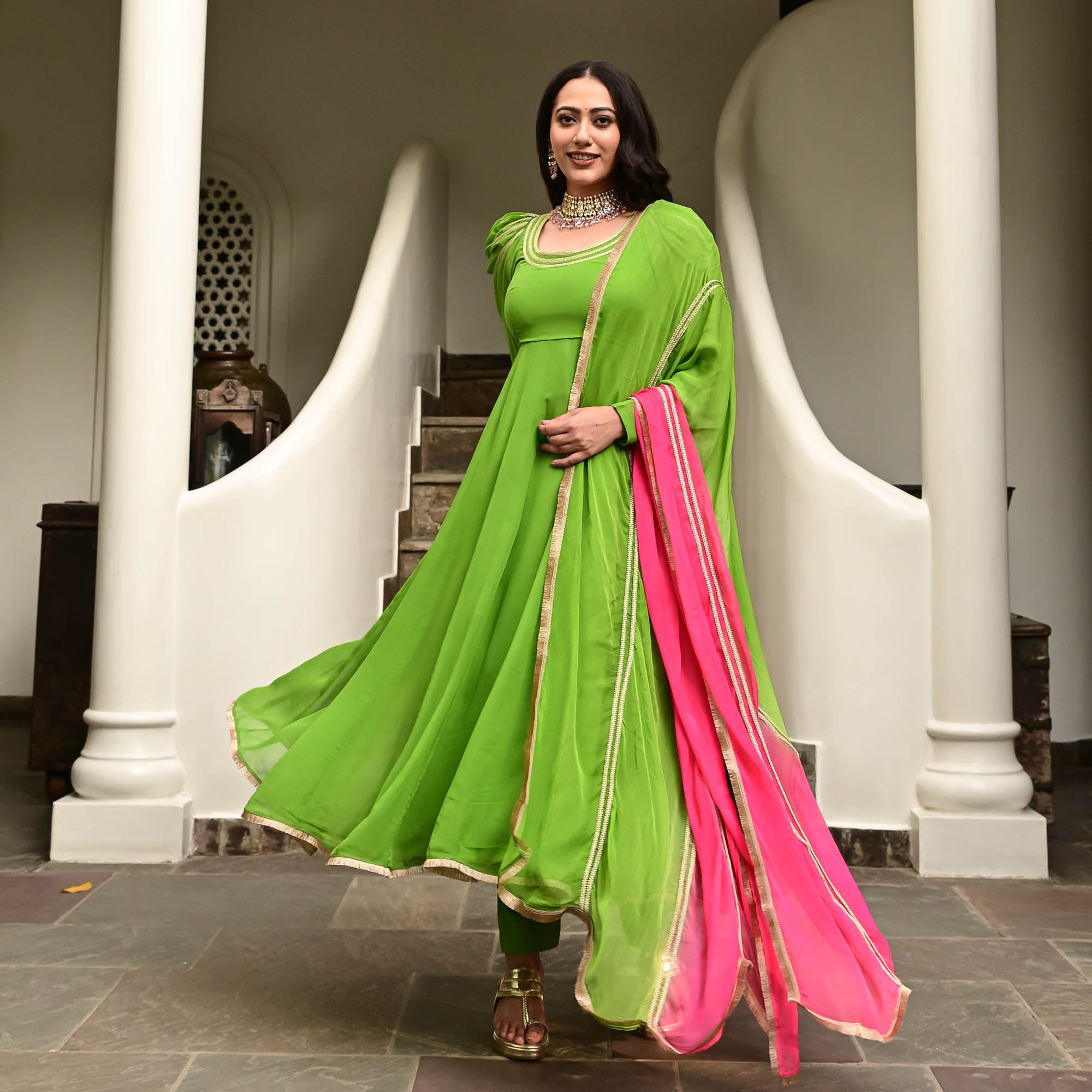 Kirti Green Designer Georgette Anarkali Suit Set for Women Online