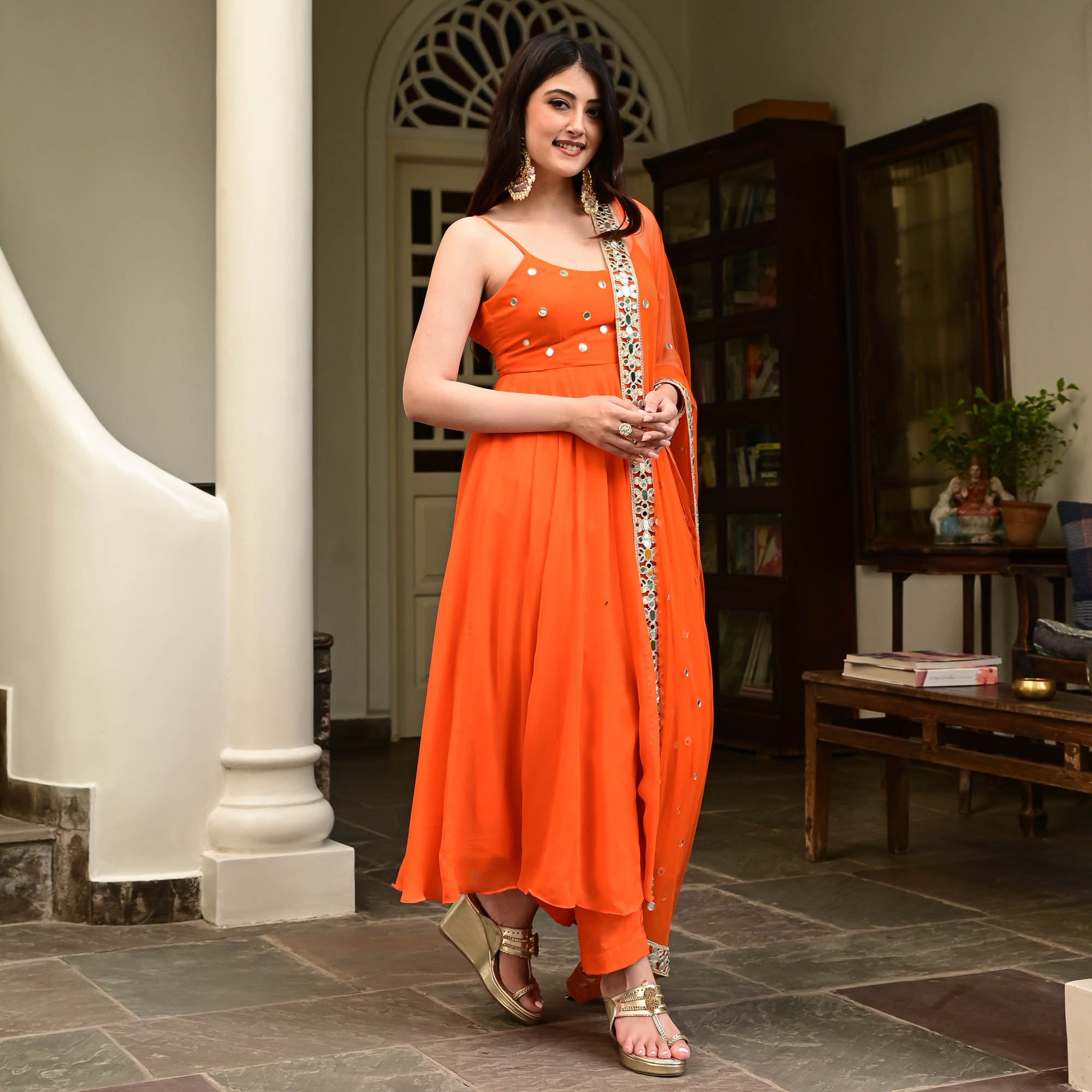 Orange Georgette Anarkali Suit Set for Women Online