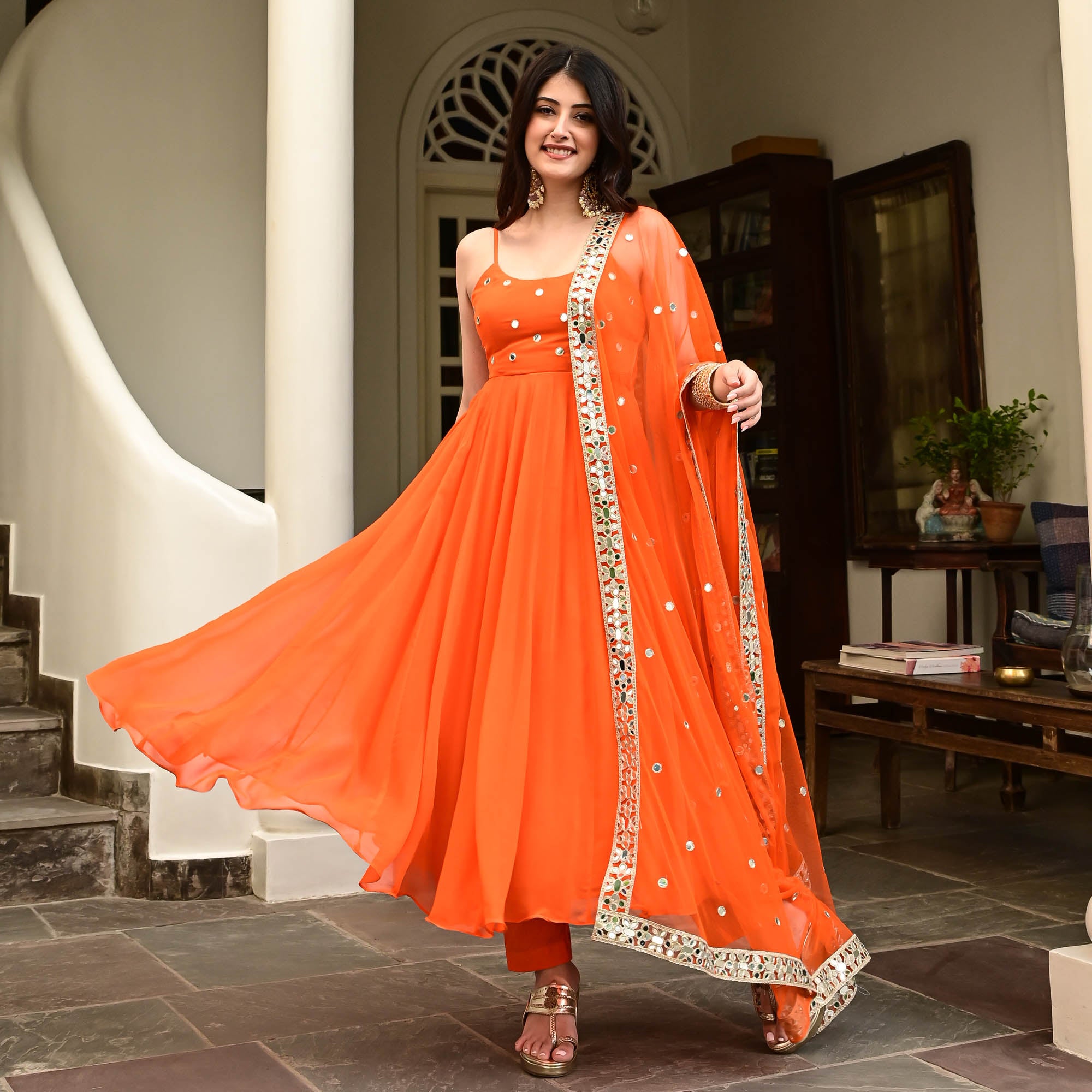 Devi Orange Designer Georgette Anarkali Suit Set for Women Online