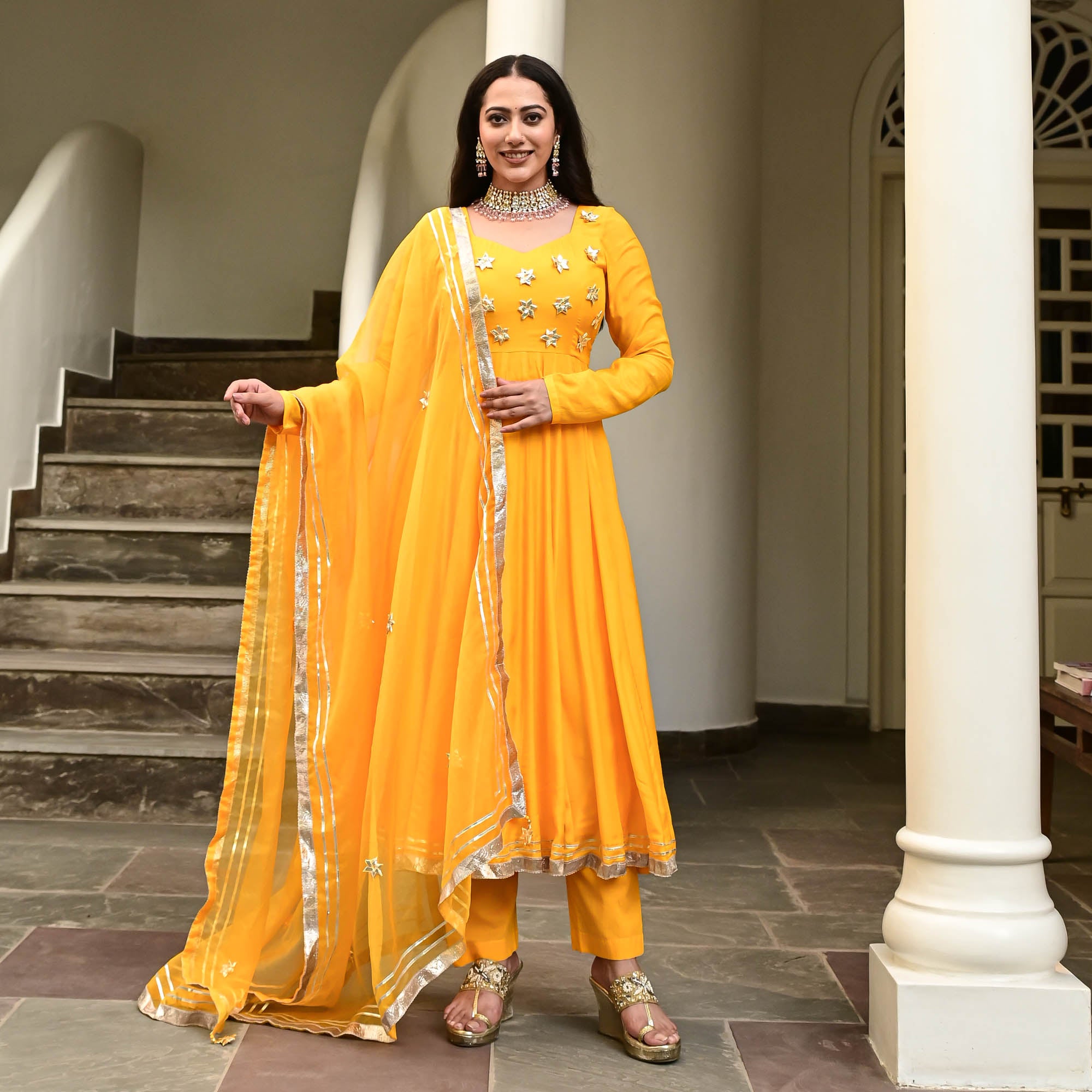 Jaya Yellow Designer Cotton Anarkali Suit Set for Women Online