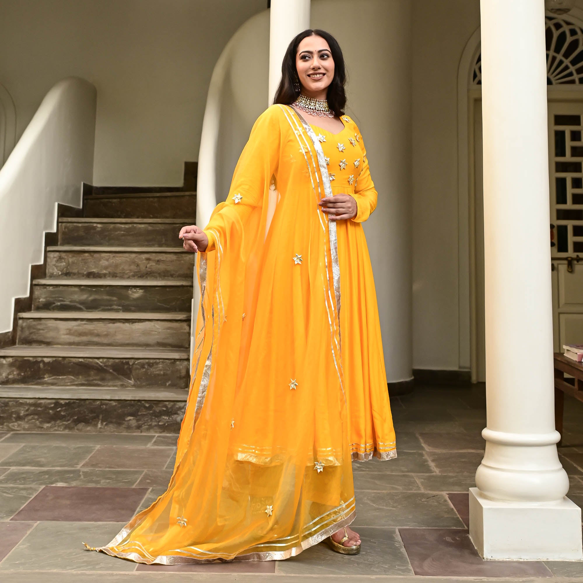 Yellow Gota Work Cotton Silk Anarkali Suit for Women Online
