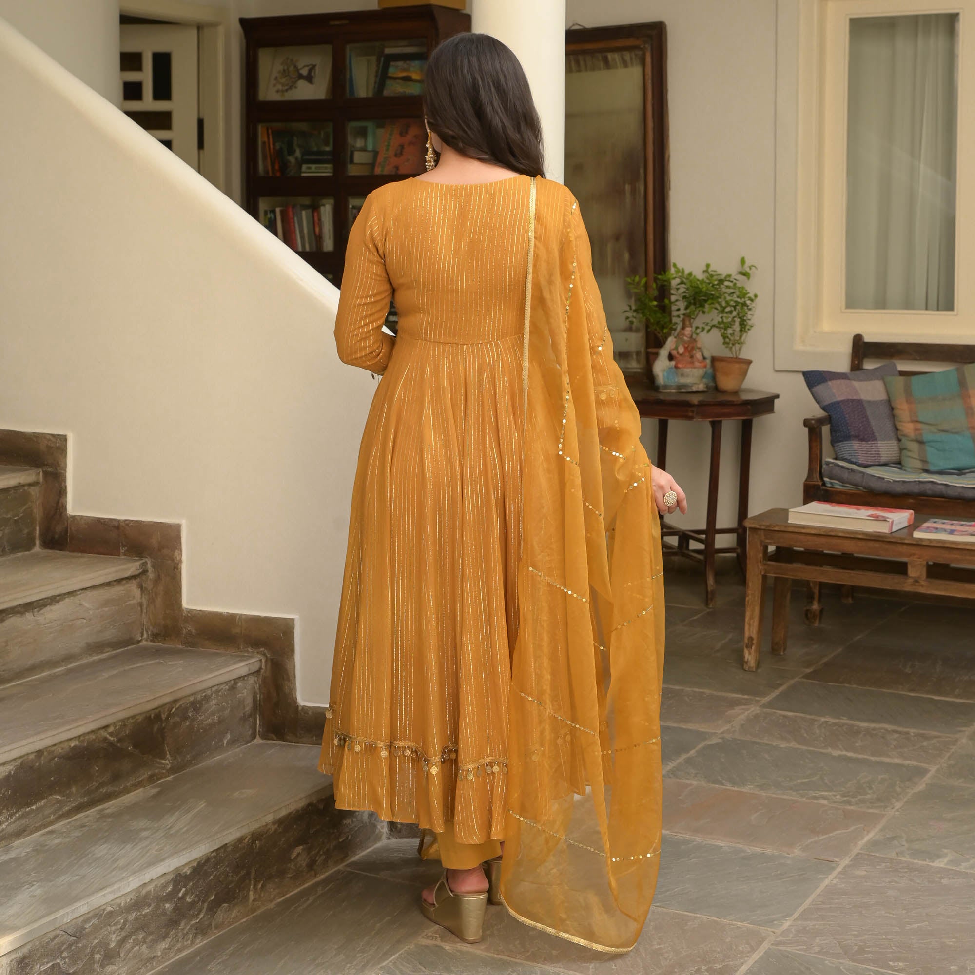 Yellow Lurex Anarkali Suit Set for Women Online